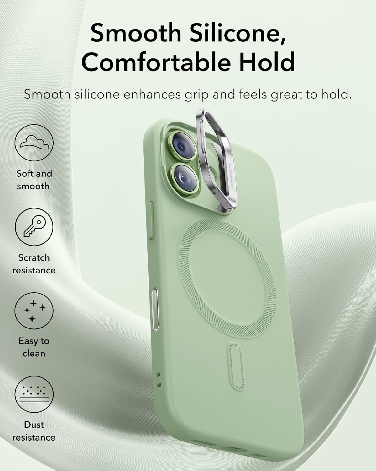 ESR Silicone Case for iPhone 17, Built-in Camera Stash Stand Compatible with MagSafe, Military-Grade Drop Protection Magnetic Phone Case, Cloud Series,Sage