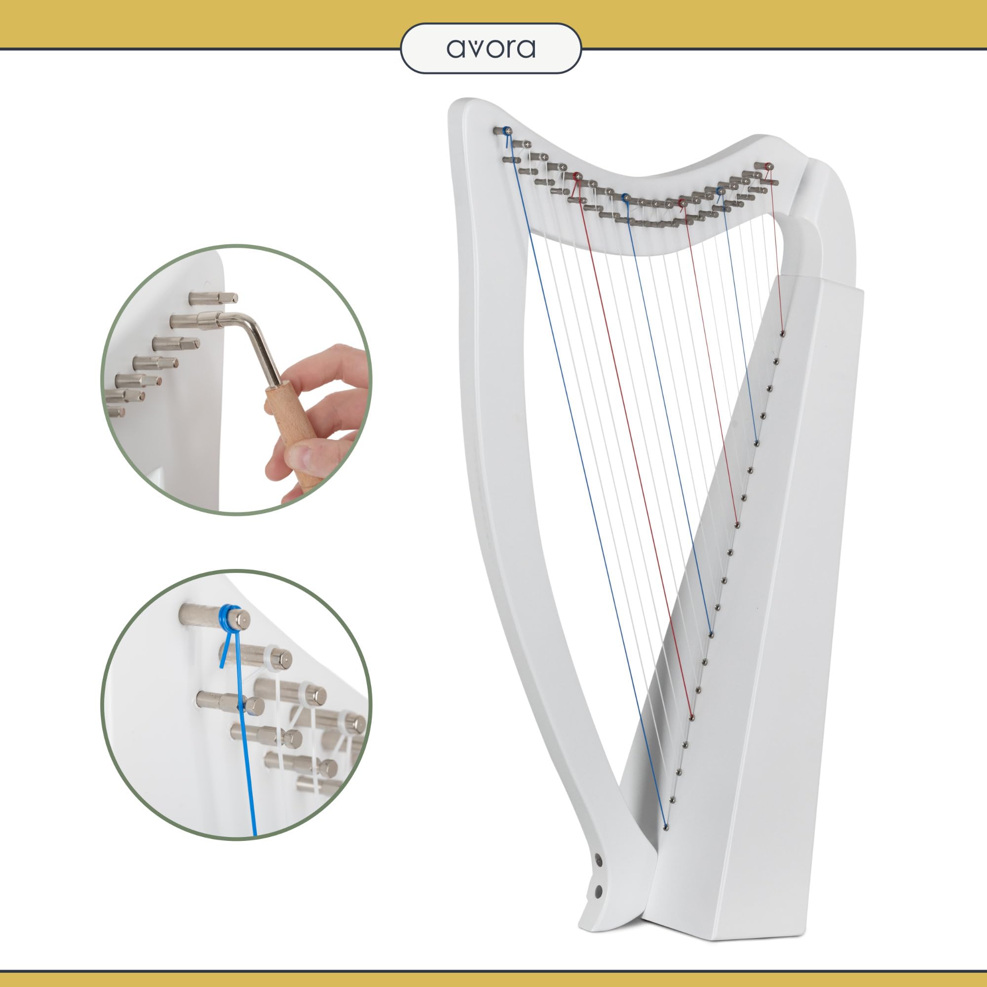 Avora Harpe Celtique 19 cordes blanche artisanale housse accordeur diatonique do majeur micro-accordeurs légère compacte