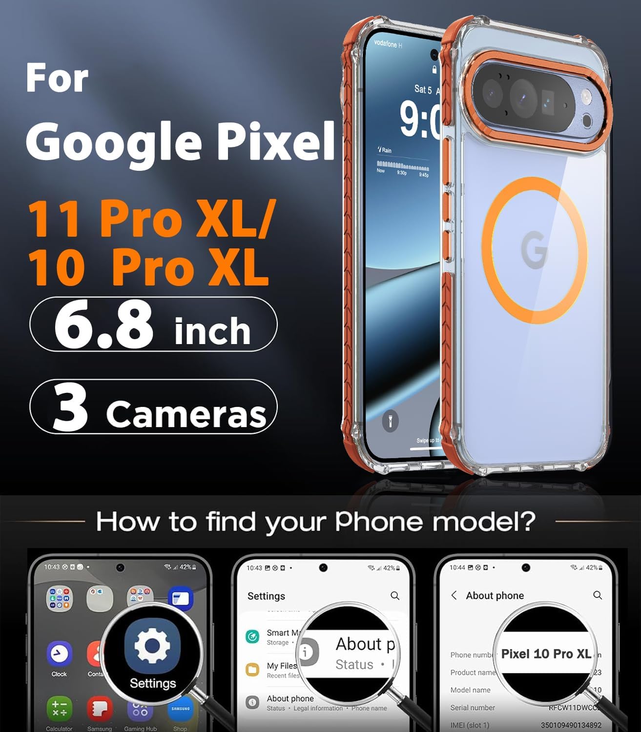 Magnetic Case for Pixel 11 Pro XL/Pixel 10 Pro XL, Clear+Orange thumbnail