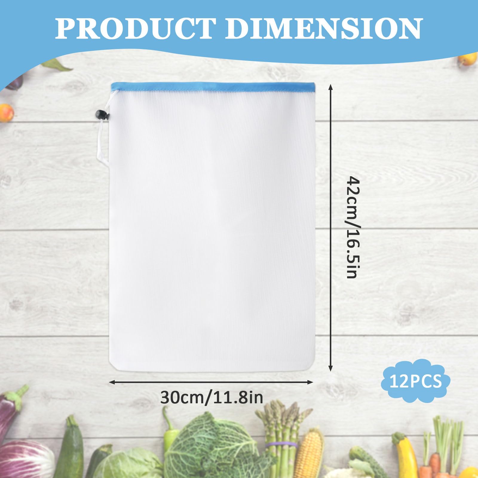 Sac Filet 12 Pièces 43 x 30 cm Réutilisable avec Cordon de Serrage pour Légumes Fruits