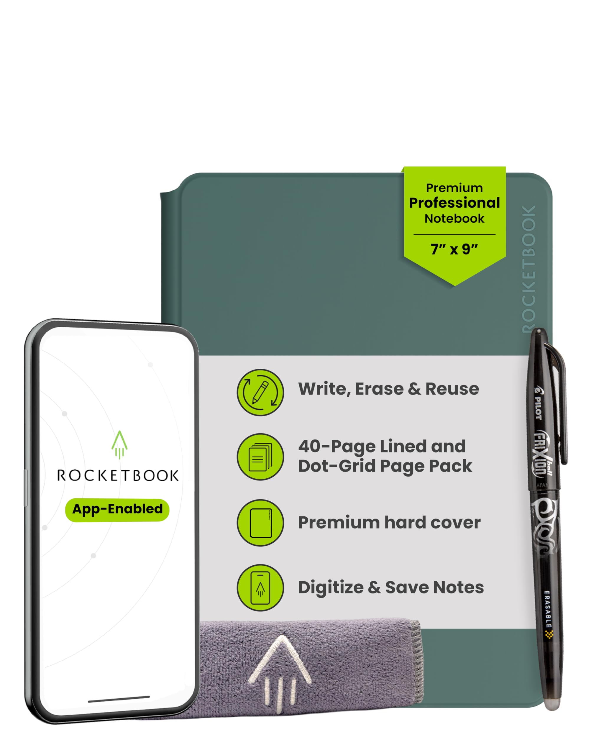 Rocketbook Pro 2.0 Reusable Professional Smart Notebook, Executive Size 7x9, Green - Lined & Dot Grid Pages, App-Connected, Erasable, Premium Cover, Ideal for Work Notes and Business Meetings