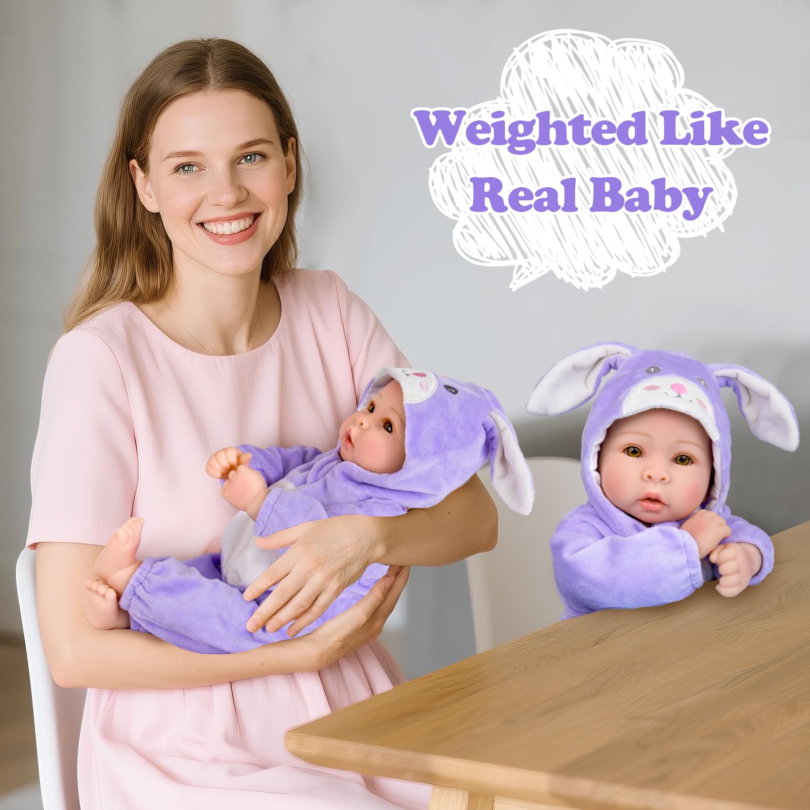 Real Baby Dolls - Muñeca de bebé realista de 17 pulgadas con cuerpo suave y trajes de conejo morado para niñas de 3 años o más, juego de simulación, disfraz, decoración de guardería 4
