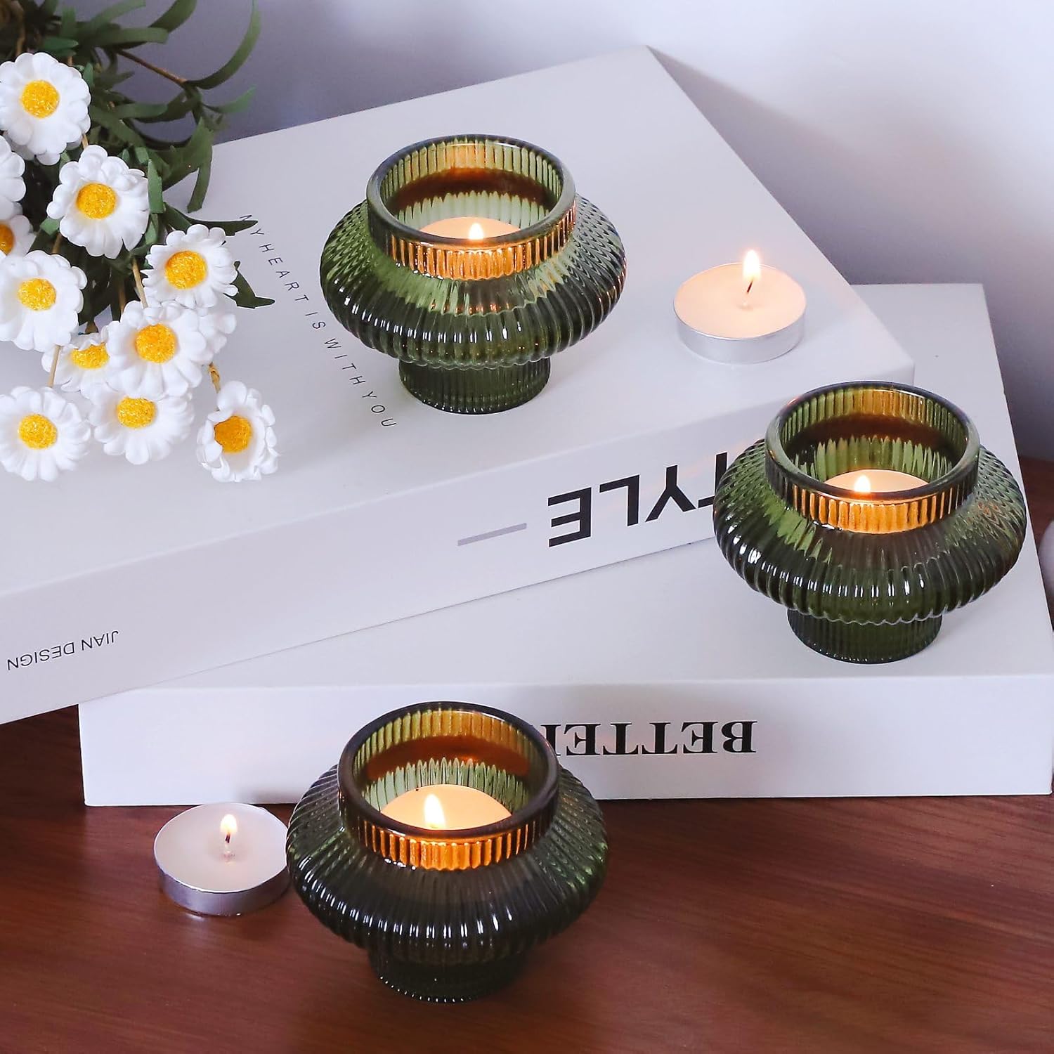 VOHO Green Candle Holder Decor for Dining Table Centerpiece, Ribbed Taper Candle Holders Versatile for Candle Sticks and Tea Lights Candles, Holiday Candlestick Holders Gifts for Friends(Set of 4)