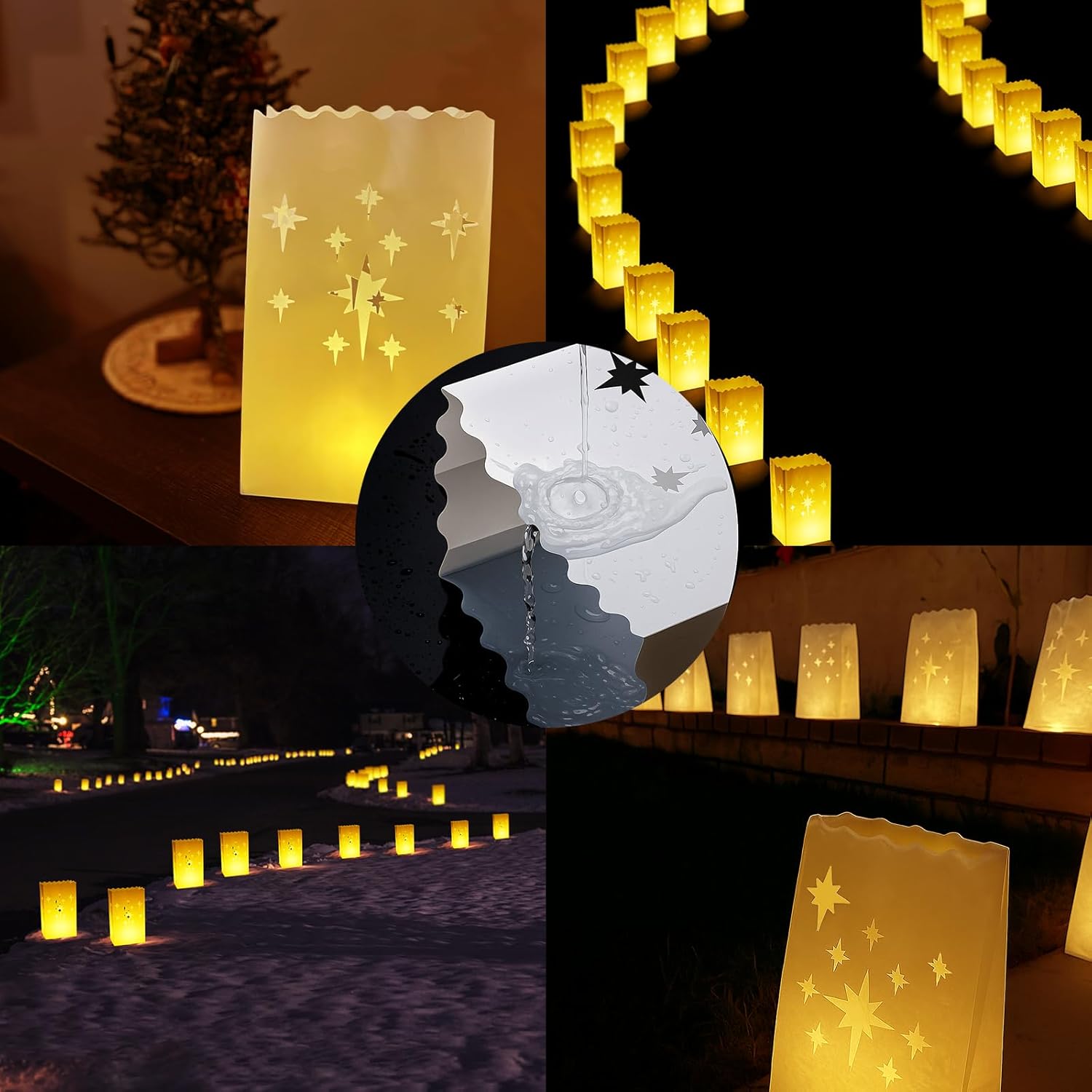 White Luminary Bags - 100 Pcs Plastic Christmas Luminaries for Outdoors, Reusable & Waterproof, Luminaria Bags (No Candles) for Wedding, Birthday, Halloween, Thanksgiving（No Battery）