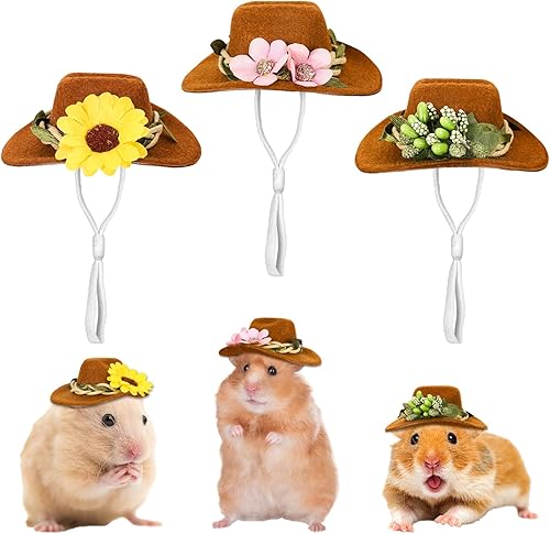 Whaline 3 sombreros de animales pequeños, sombreros de hámster, pollo, mini vaquero, sombreros de flores, hojas marrones, conejillo de indias,
