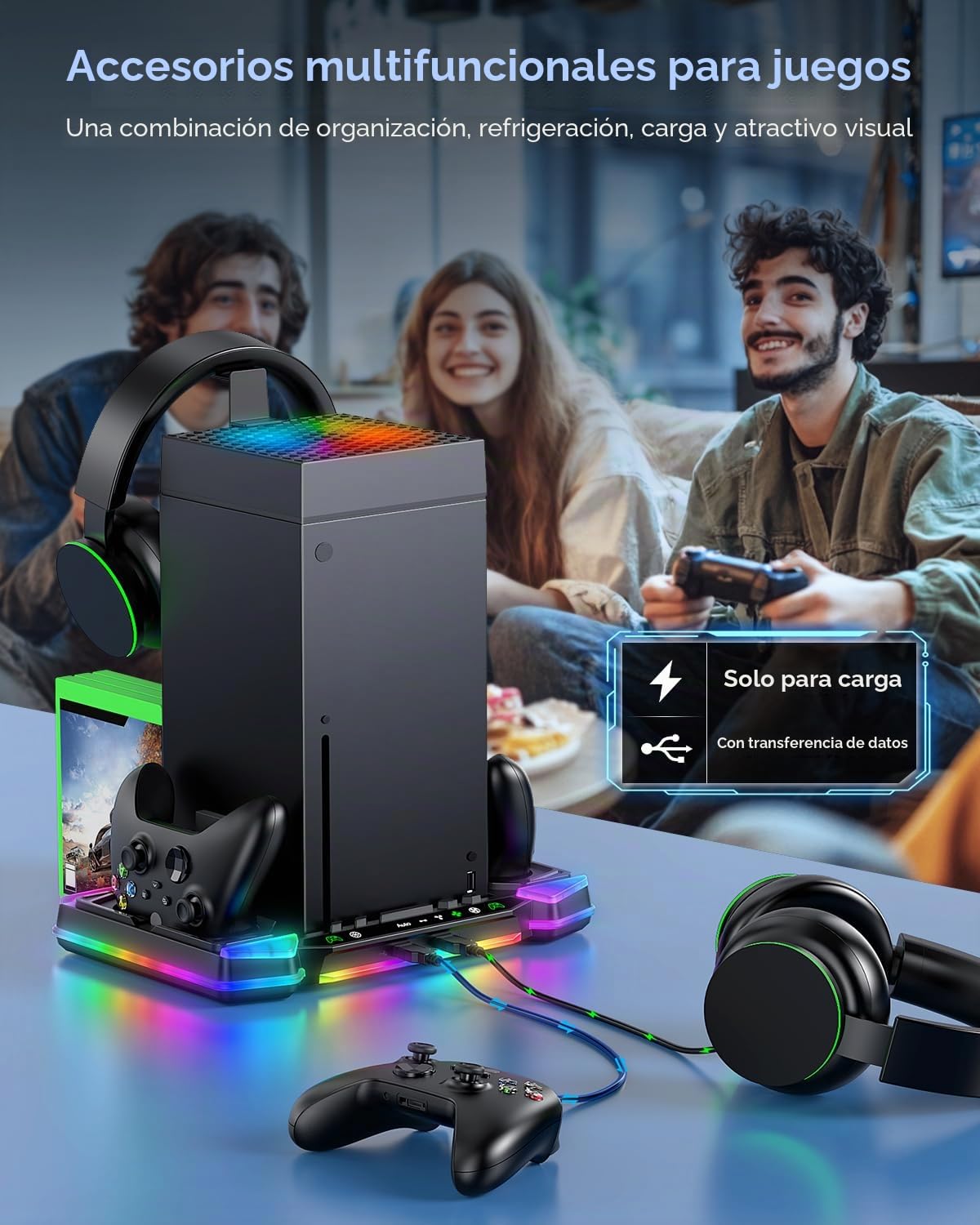 Sistema de ventilador de refrigeración automático mejorado y soporte de carga para consola Xbox Series X y controladores, accesorios con 11 luces RGB y batería recargable de 2 x 1400 mAh, soporte para