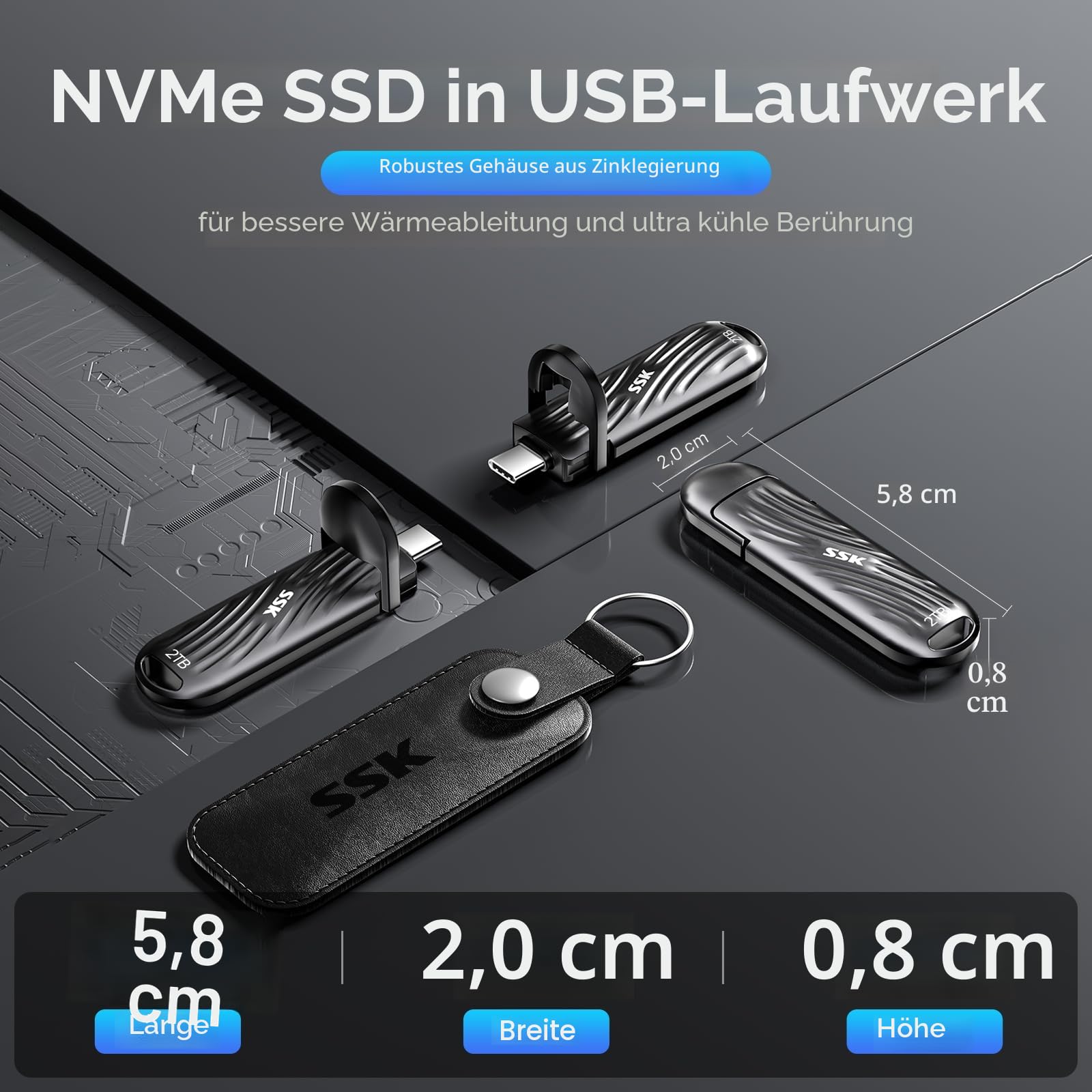 SSK USB 2TB Externe SSD mit bis zu 2000 MB/s, Typ-c Externe Festplatte Solid State Laufwerke USB 3.2 Gen 2X2 Memory Stick für iPhone15/16 Pro ProRes Mac/WTG/Android, Zinklegierung