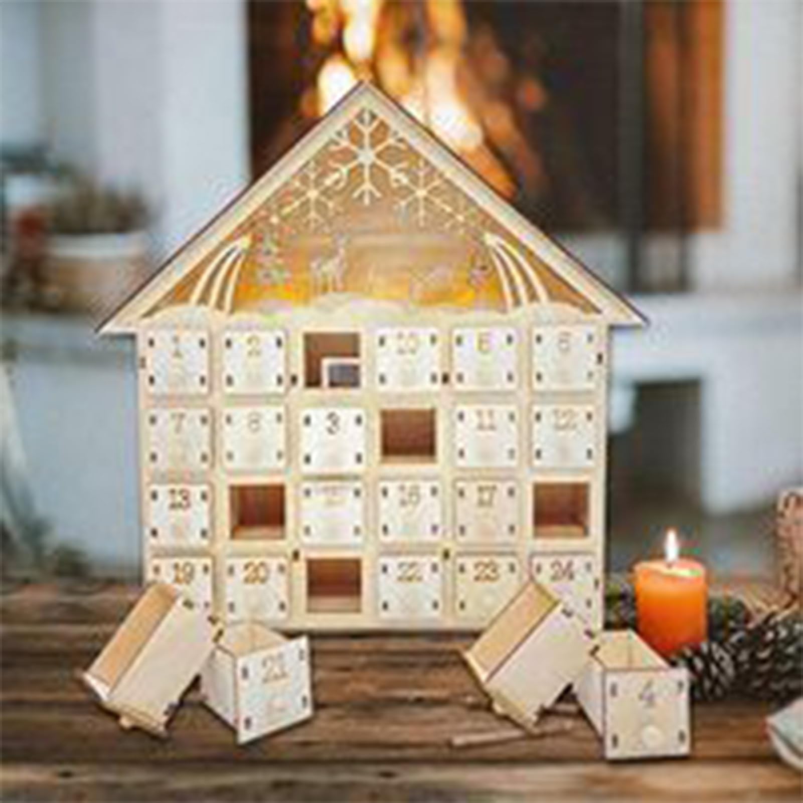 Haus Weihnachtskrippe, Advent, Weihnachtsdekoration, handgefertigt, aus christlichem Holz | Countdown LED-beleuchtete Schublade für den Innenbereich, für Feiertage für Kinder, Erwachsene, Weihnachtsdekoration, Krippe