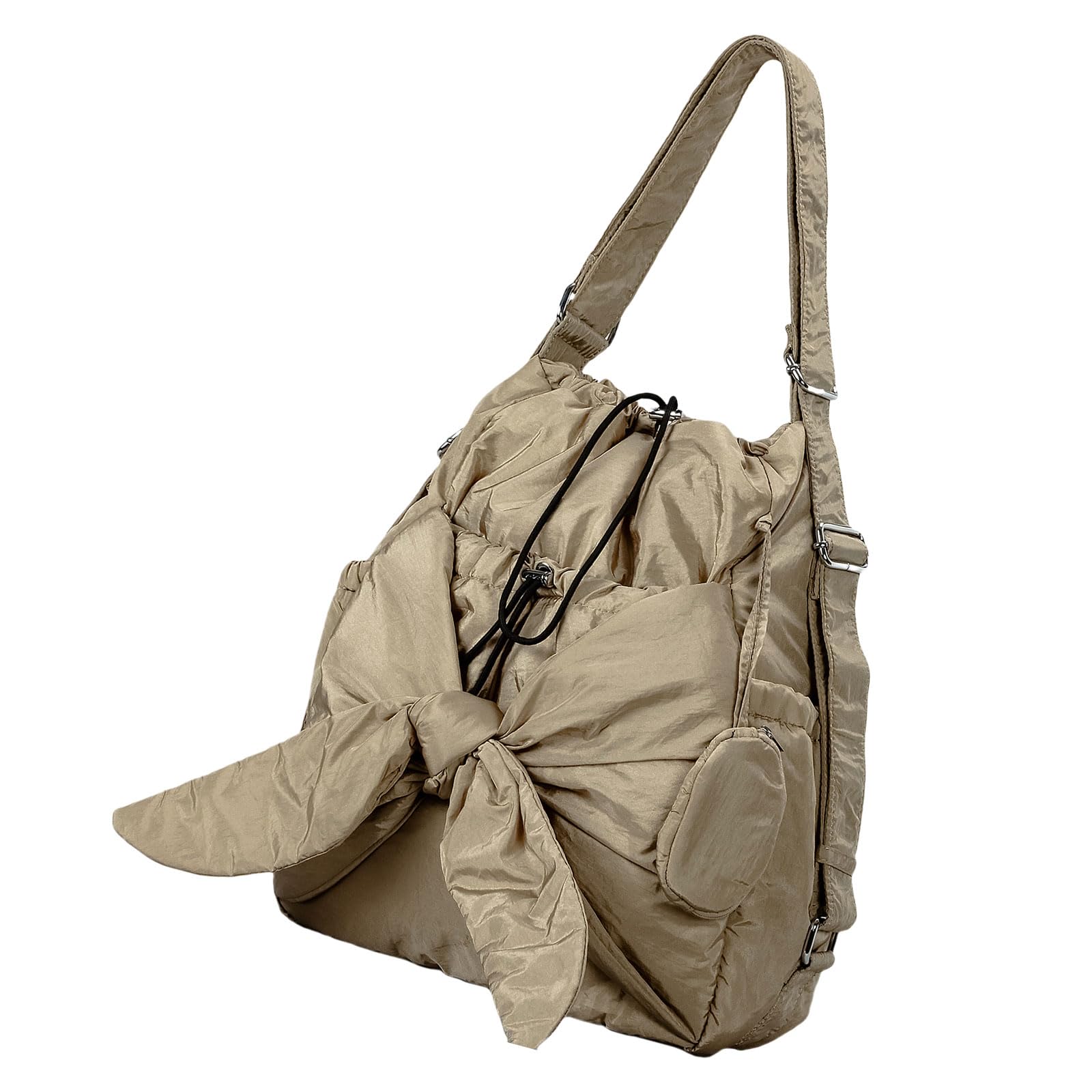 Borsa a secchiello alla moda con coulisse spaziosa borsa a tracolla in nylon con tasche multiple zaino con fiocco per le donne borsa a secchiello in nylon