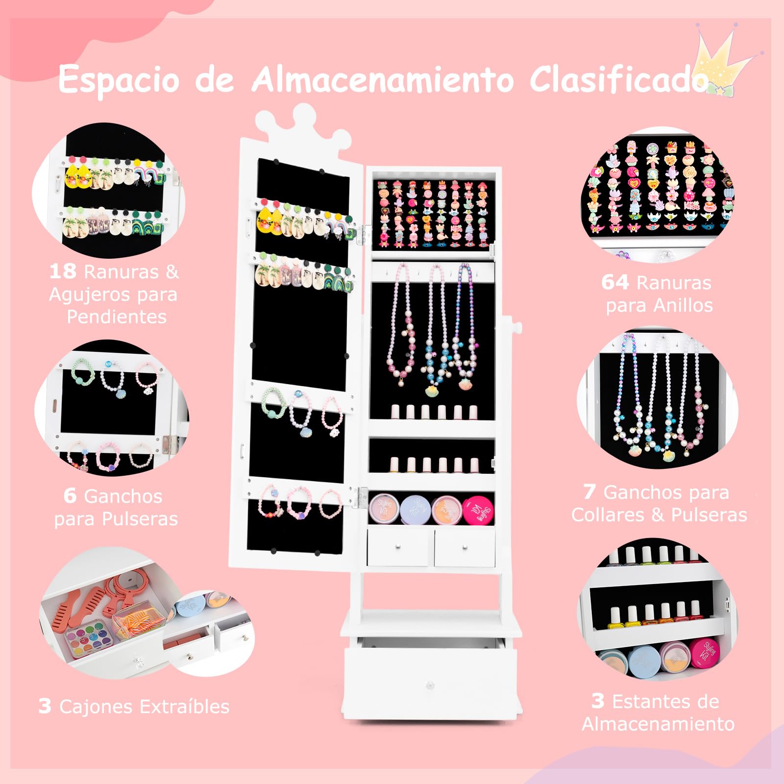 COSTWAY Armario de Joyería para Niños con Espejo y 3 Cajones, 2 Ángulos de Inclinación Ajustables y Sistema Antivuelco, Espejo Vestidor con Forma de Corona para Niños de 3+ Años (Blanco)