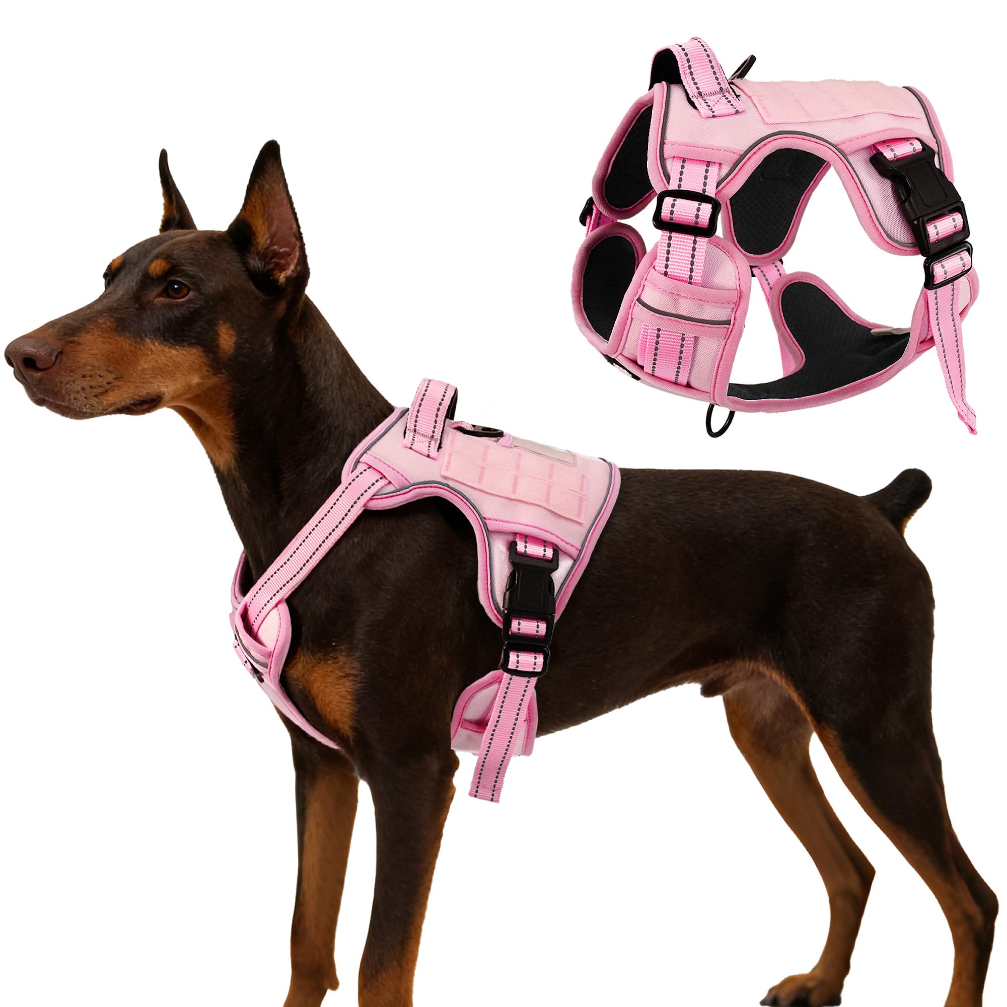 AIITLE Heavy Duty Tactical Dog Harness for Medium Dogs, No Pull Tactical Service Vest with Handle & PALS Webbing, Adjustable Reflective No-Choke Design, for Training Walking, Pink, M