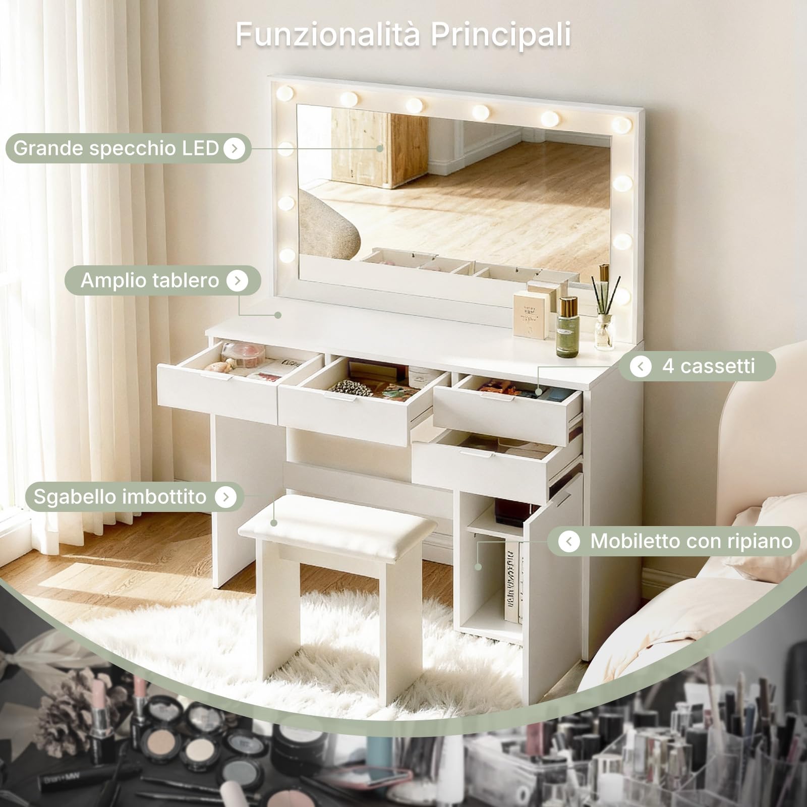 LEMROE Toeletta con Specchio LED e Sgabello, 3 Luci Regolabili, Tavolo da Trucco Bianco Moderno con 4 Cassetti e 1 Armadio, 40 x 105 x 140 cm