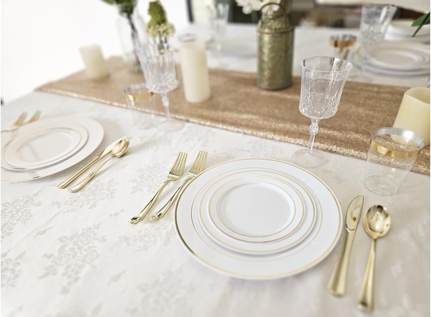 OCCASIONS 80 Plates Pack,(40 Guests) Heavyweight Premium Wedding Party Disposable Plastic Plates Set -40 x 10.5'' Dinner + 40 x 7.5'' Salad/Dessert (White & Gold Rim)