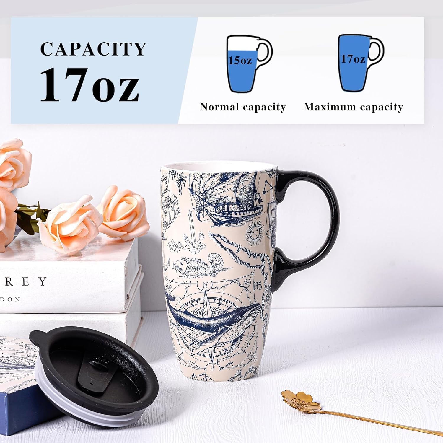 Topadorn Ceramic Mug Porcelain Latte Tea Cup Coffee Mug with Gift Box,17oz.Travel Cup with Lid, Vintage Navigation Style - Image 4