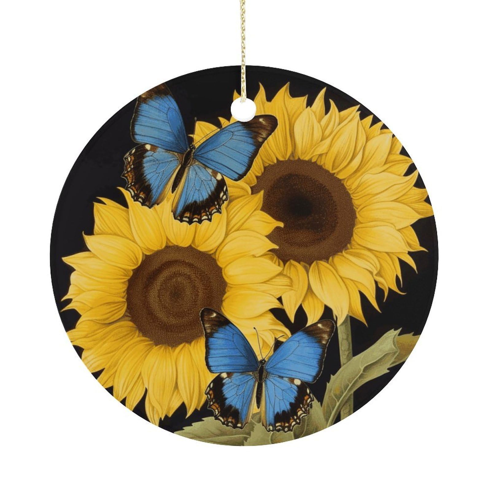Yellow Sunflowers with Blue Butterflies Christmas Ornaments Colorful Round Ceramic Ornament Christmas Hanging Decor Christmas Tree Decorations Xmas Keepsake for Women Men Xmas Holiday Party