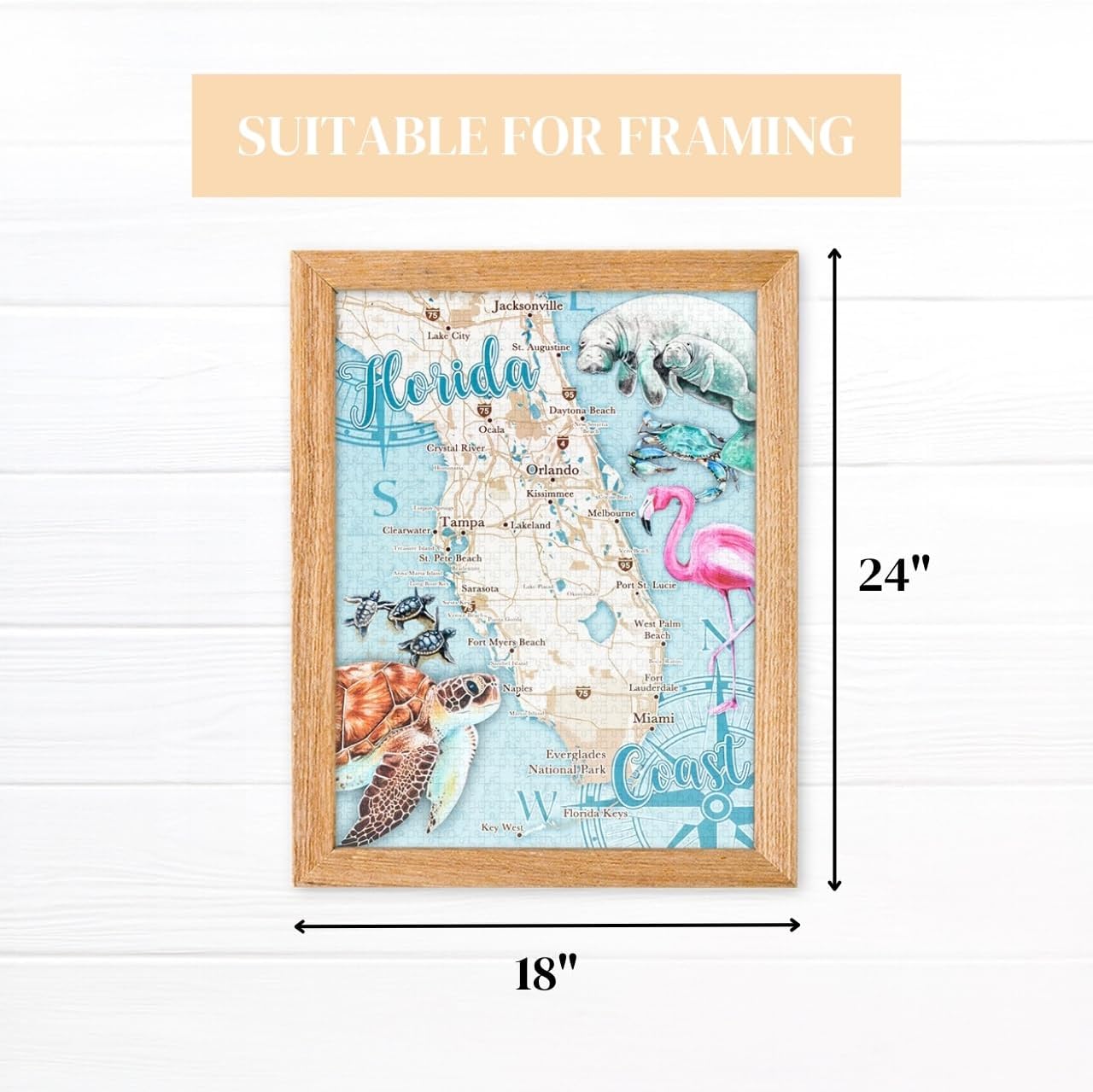 Heritage Puzzle - Florida Coast by Kira Talerico 550 Piece Puzzles for Adults & Family, Map & Wildlife Theme, Manatee & Flamingo Art - Frameable Jigsaw Puzzle 18"" x 24"" Finished Size