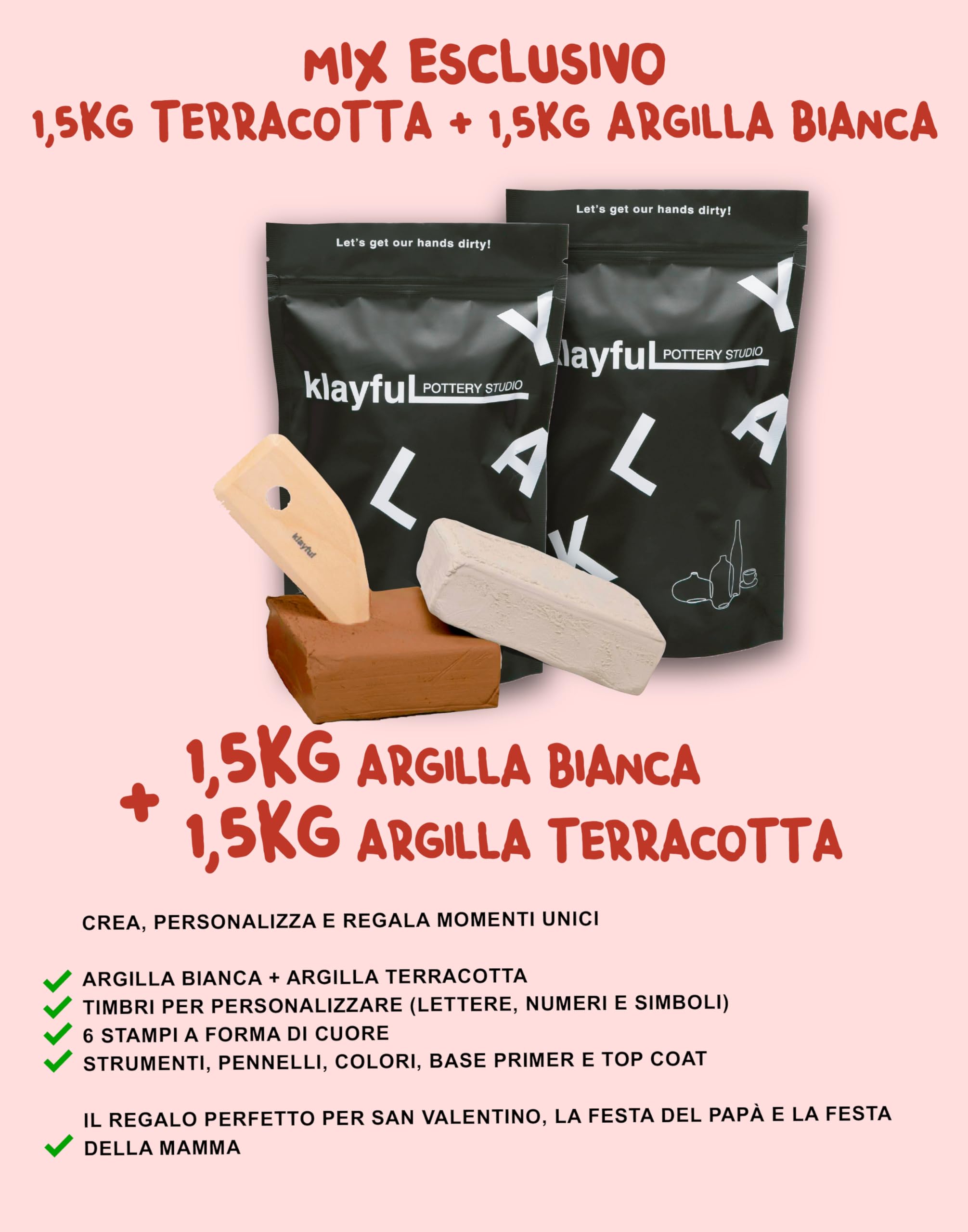 Klayful- Kit Argille Senza Cottura per Principianti – Kit Ceramica Fai da Te | Strumenti, Colori Pastello, Pennelli, Smalto, Guida (1,5 kg Argilla Bianca + 1,5 kg Argilla Terracotta – Colori Classici)