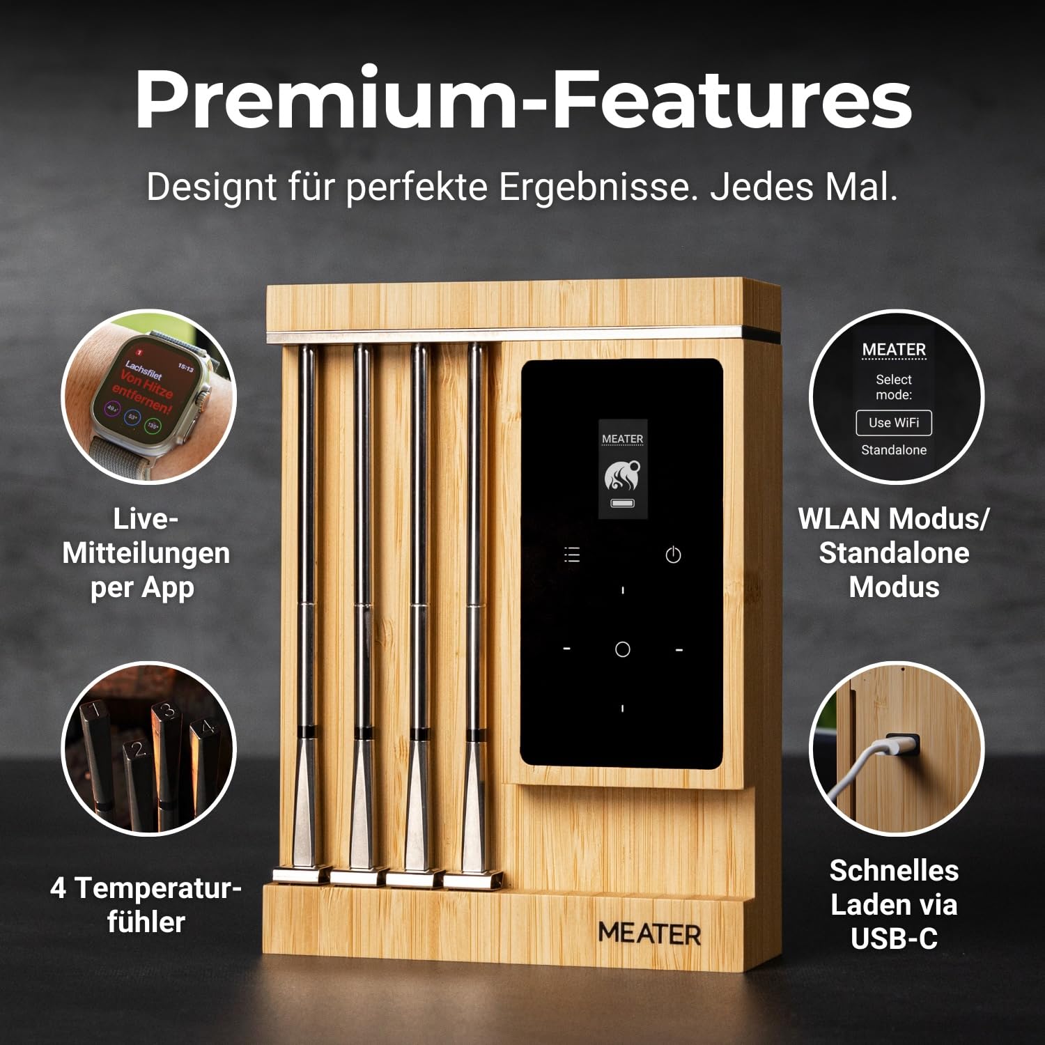 MEATER Pro XL [Neu] – Das ultimative smarte WLAN-Fleischthermometer mit vier fortschrittlichen Sonden - Multisensor Fühlern | BBQ, Ofen, Grill, Smoker, Heißluftfritteuse, Fritteuse