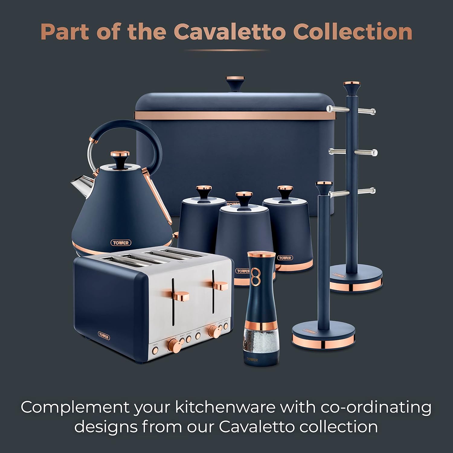Tower T847004MNB Electric Salt and Pepper Mills, Battery Operated with Adjustable Ceramic Grinders, Midnight Blue and Rose Gold