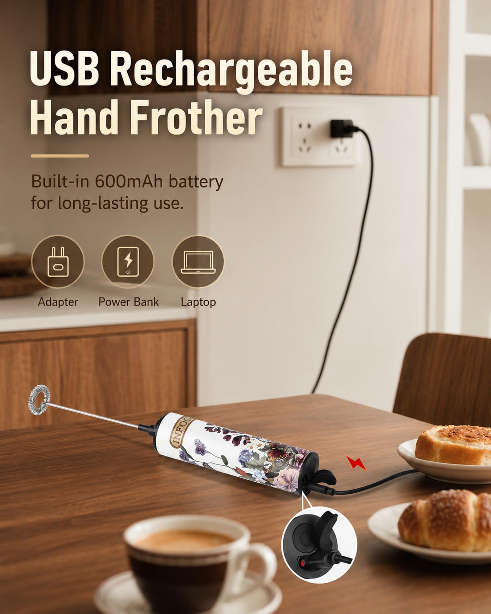 INFOOD Montalatte ricaricabile con coperchio, bacchetta montalatte portatile, con 2 fruste rimovibili in acciaio inox, 2 velocità regolabili, per latte, cappuccino, cioccolata calda, uova, bianco