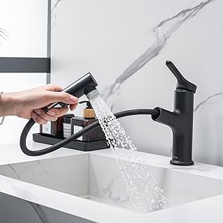 Pull Out Bathroom Mixer Basin Tap, One Hole Monobloc Single Lever with Extendable 2 Functions Sprayer, Chrome Matt Black, G 1/2\" Hoses