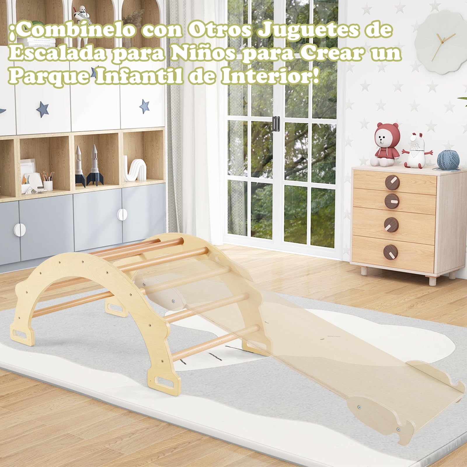 COSTWAY Triángulo de Escalada 2 en 1 con Cojín Suave, Arco de Escalada de Doble Cara, Juguete de Escalada y Balancín de Madera para Niños de 1 + Años para Jardines de Infantes (Natural)