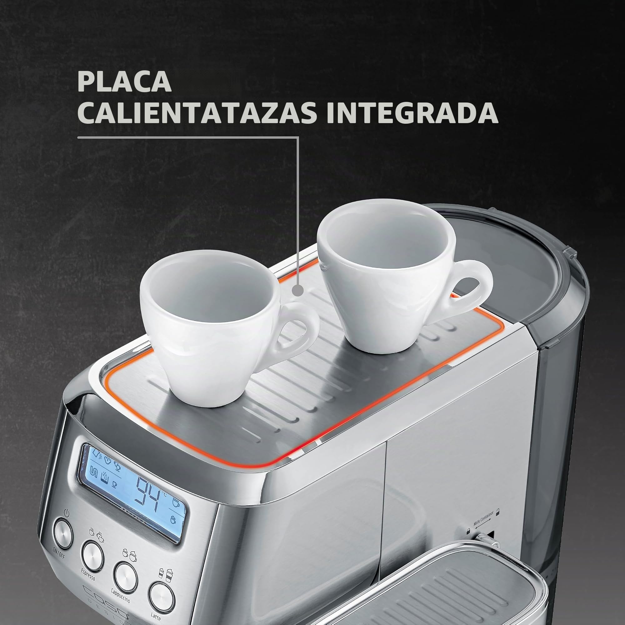 CASO Espresso Gourmet Latte - Juicio test muy bien, cafetera con depósito de leche integrado, bomba ULKA 20 bar, placa calefactora para tazas, 1 o 2 tazas, plata, acero inoxidable