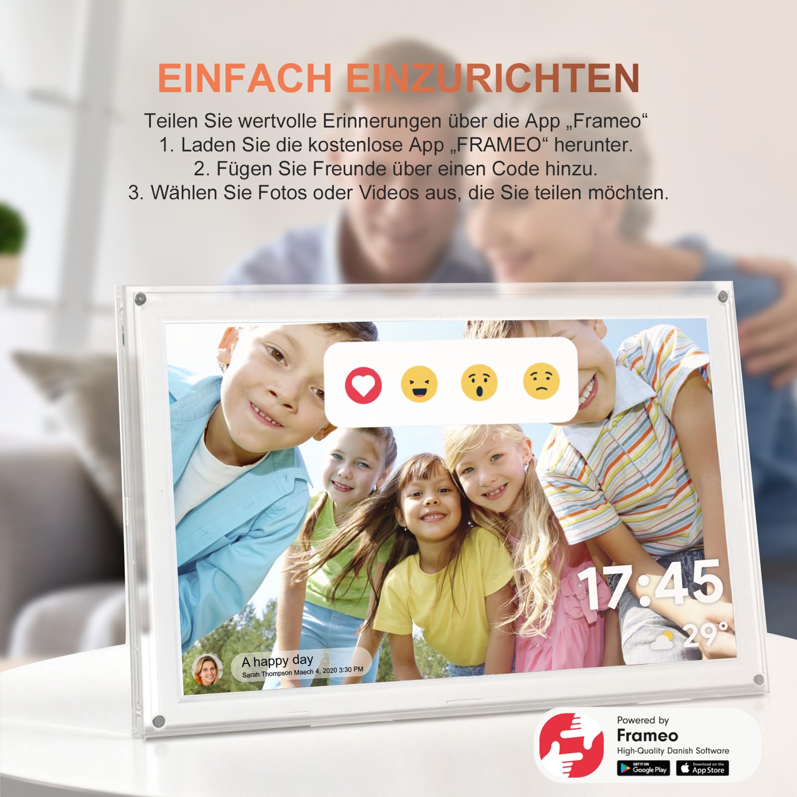 Digitaler Bilderrahmen, 15,6 Zoll schlankes Acryl Frameo Digitaler Fotorahmen mit WLAN, 32 GB, 1920 x 1080 IPS HD-Touchscreen, automatische Drehung, Fotos und Videos von überall teilen