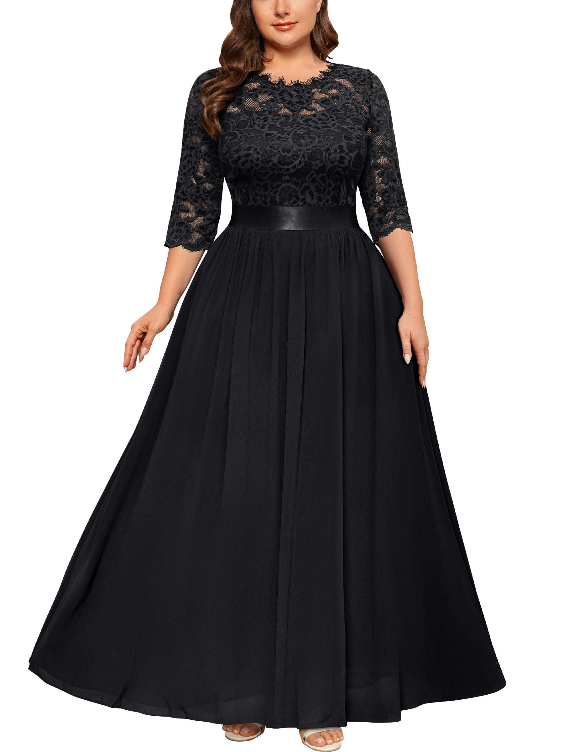 Miusol Women's Formal Floral Lace Chiffon Plus Size Wedding Maxi Dress
