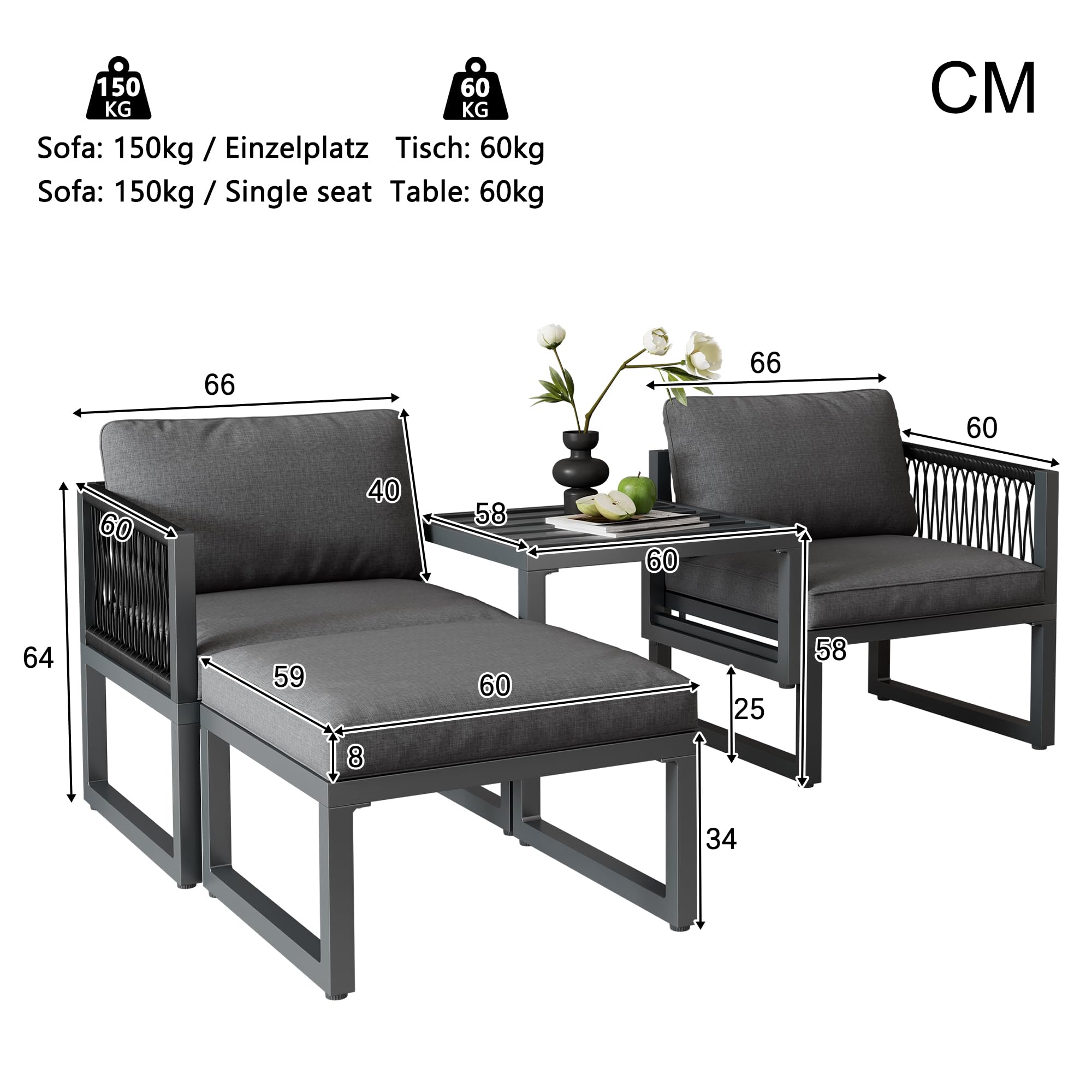 Merax Gartenlounge Set, Gartenmöbel Set, Multifunktional für Terrasse und Garten, Outdoor Sofa Garnitur, PE-Rattan, Aluminiumrahmen, rutschfeste Füße