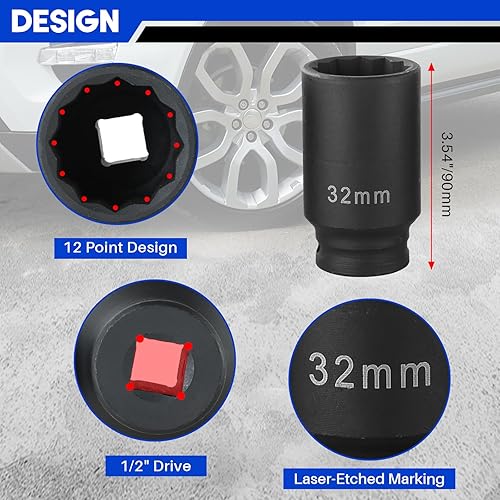 Miniatura 4 de DASBET Juego de dados de impacto profundo de 1/2 pulgada, 4 piezas, juego de llaves de impacto de eje profundo de alta resistencia, 12 puntos,