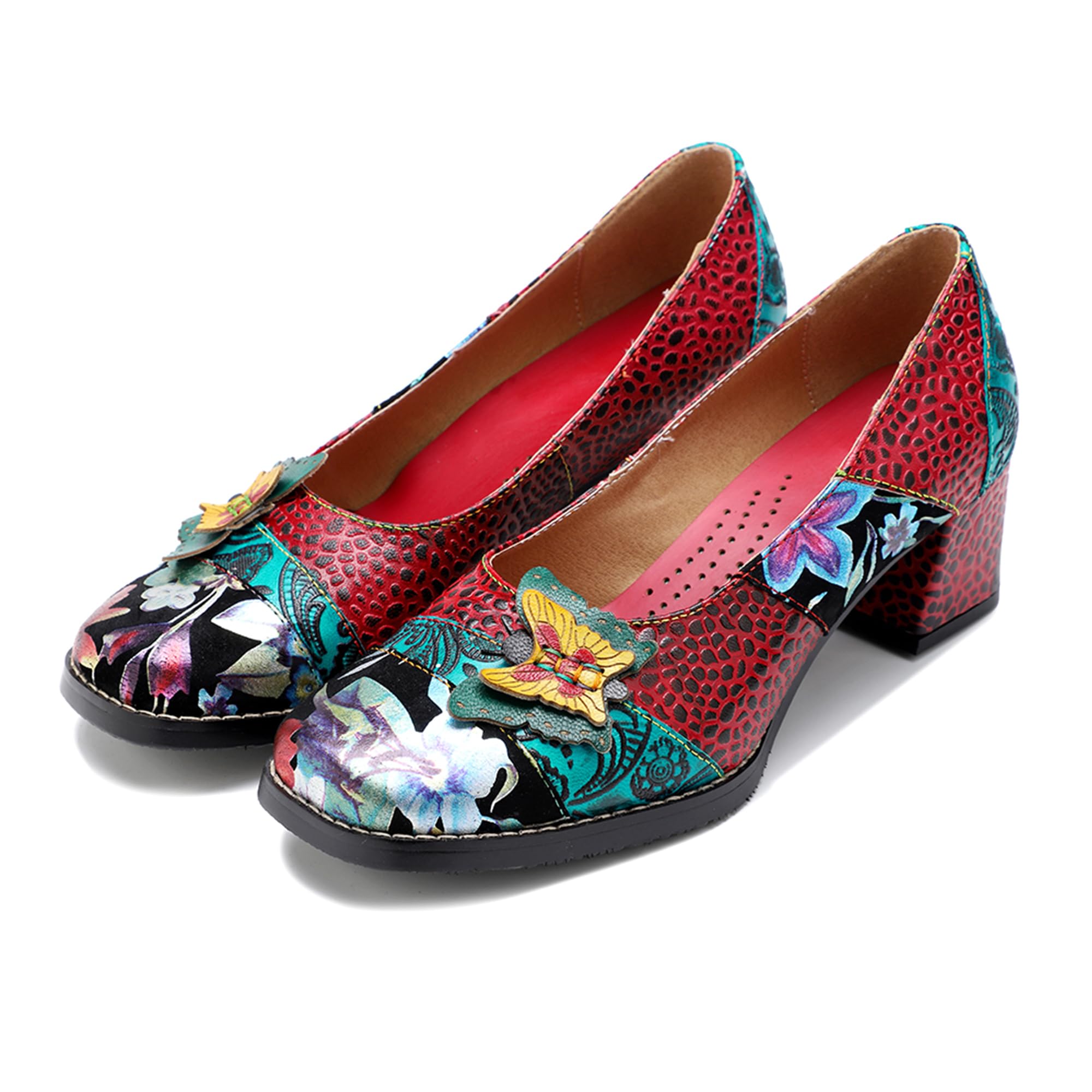 Riutiru Women's Handmade Lambskin Mary Jane Loafers Shoes, Retro Ethnic Print Style and Brock-Style Design