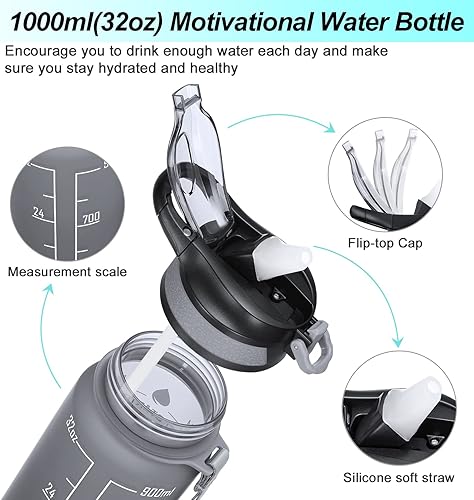 Miniatura 2 de Botella de agua deportiva motivacional a prueba de fugas de 32onzas con pajilla y marcador de tiempo, botella abatible duradera sin bisfenol A,