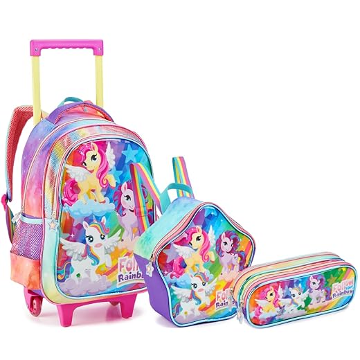Kit Mochila de Rodinha Infantil Unicórnio com Lancheira e Estojo Feminino Menina Grande C/Alça 3 Peças