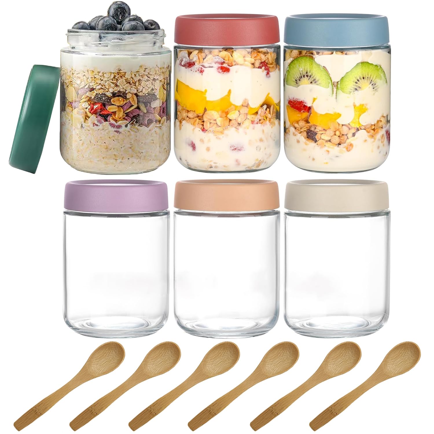 KICPUK 6 Pcs 500ml Overnight Oats Jar With Spoon, Airtight Leak-Proof Mason Jars, Reusable Multifunctional Glass Storage Jars for Pickling, Spices, Salads, Yogurt & Chia Pudding
