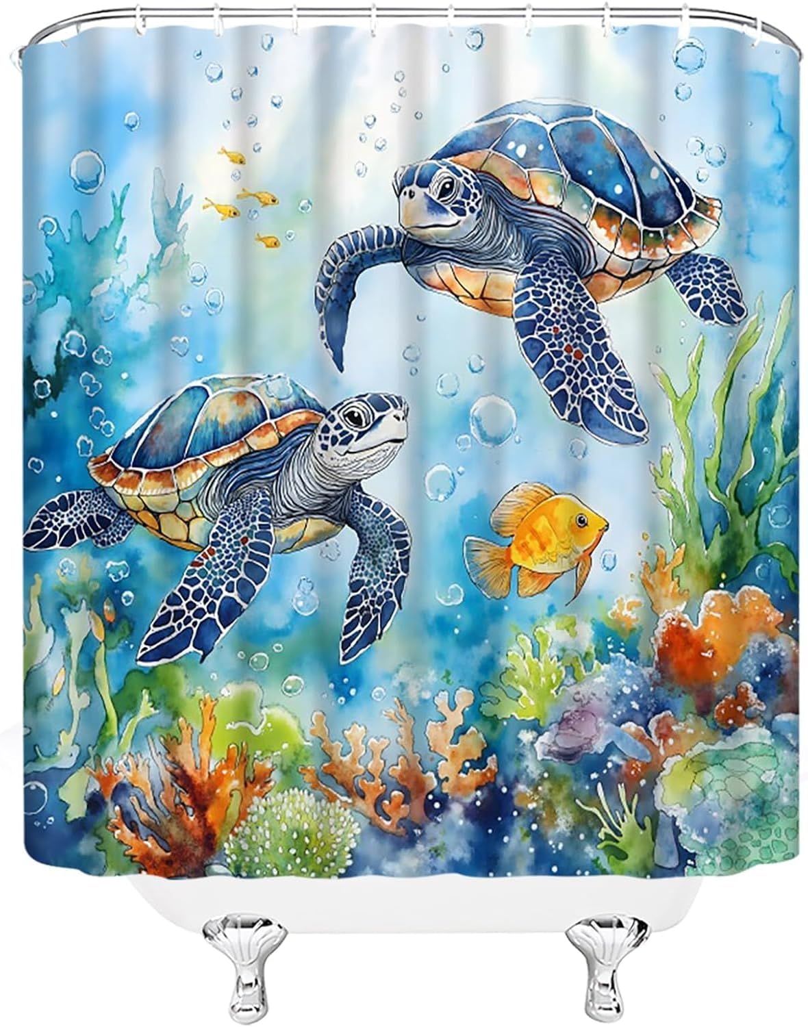 Ocean Turtle Shower Curtain,Blue Sea Animal Coral Fish Underwater Nautical Tropical Polyester Bathroom Curtain with 12 Hooks,Bathtub Home Decor,70x84 Inch