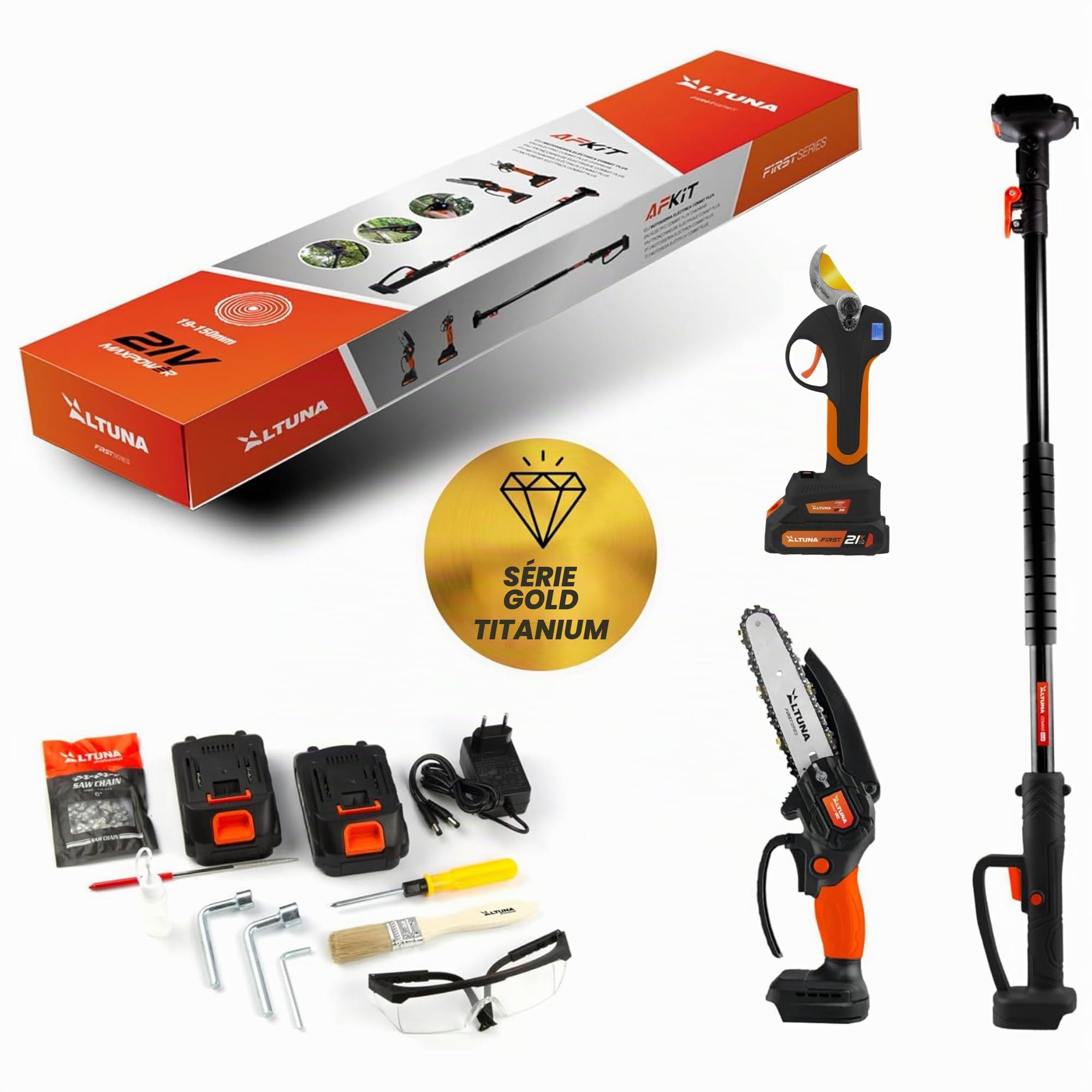 Altuna Kit de Taille à Batterie en Titane - Tronçonneuse à Batterie + Sécateur Électrique + Perche Télescopique pour Élaguer à une Hauteur de 1,63 Mètre - Inclut 2 Batteries, Noir | Perche télescopique compatible avec les deux outils, 2 batteries 21V et é