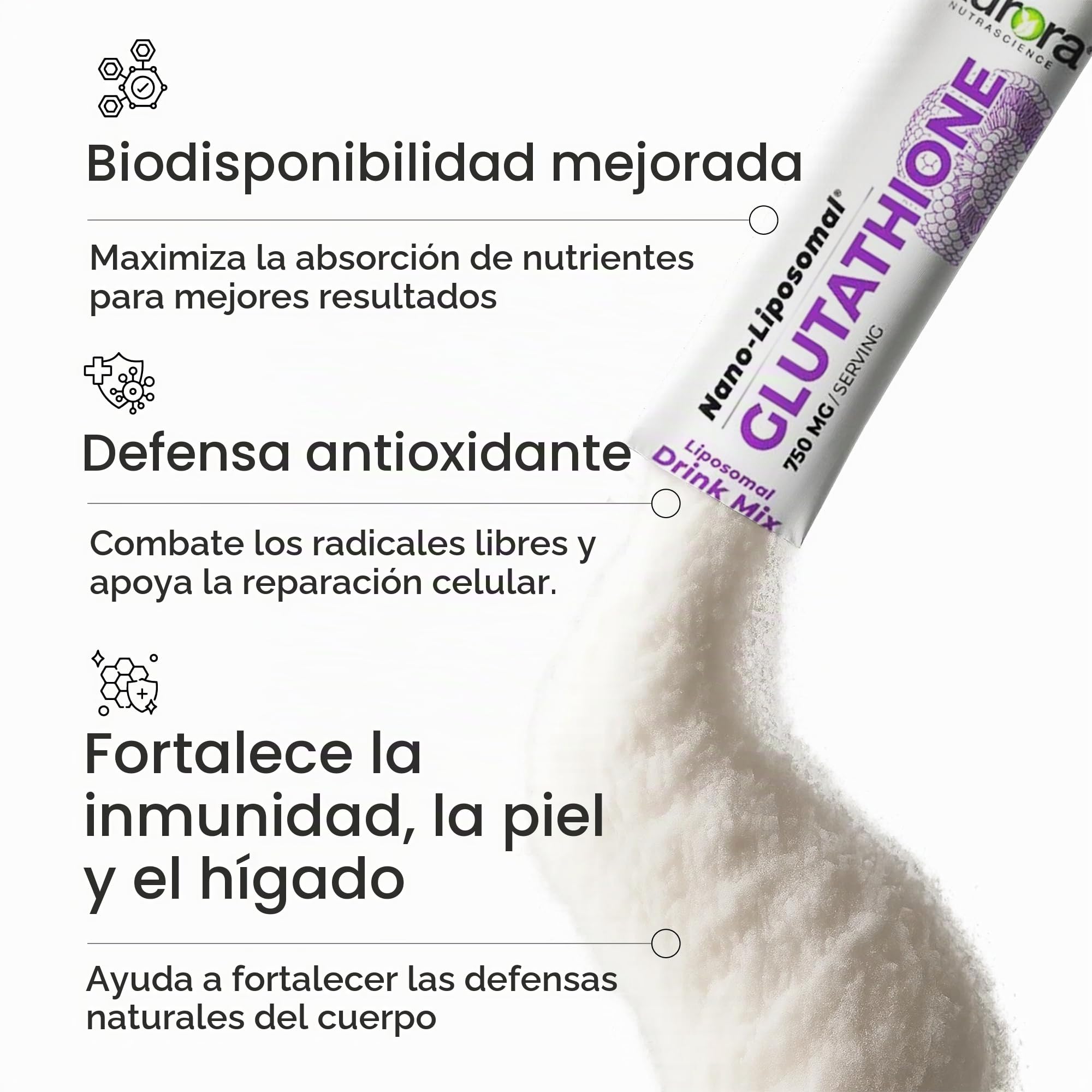 Aurora Nutrascience Glutatión Nano-Liposomal, Mezcla en Polvo para Bebida de Uva, Suplemento de Apoyo Inmune y Antioxidante para la Salud del Intestino, 750 mg por Porción, Sin OMG, Sin Azúcar, 30