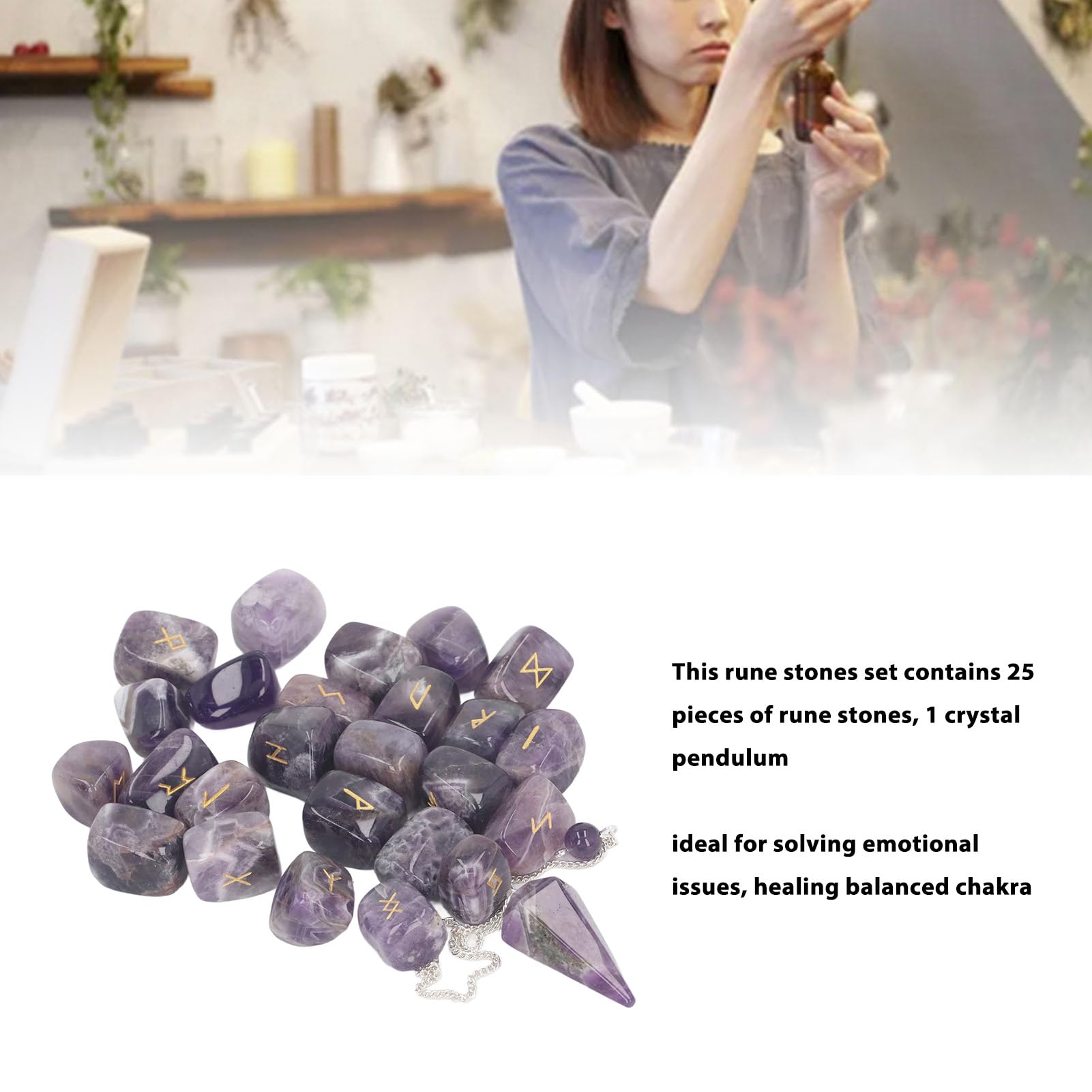 Juego de 25 Piedras Runas, Péndulo y Bolsa de Cristal, Curación, Chakras Equilibrados, Mente Pacífica, Adivinación, Meditación para Problemas Emocionales, Colección de Rocas,