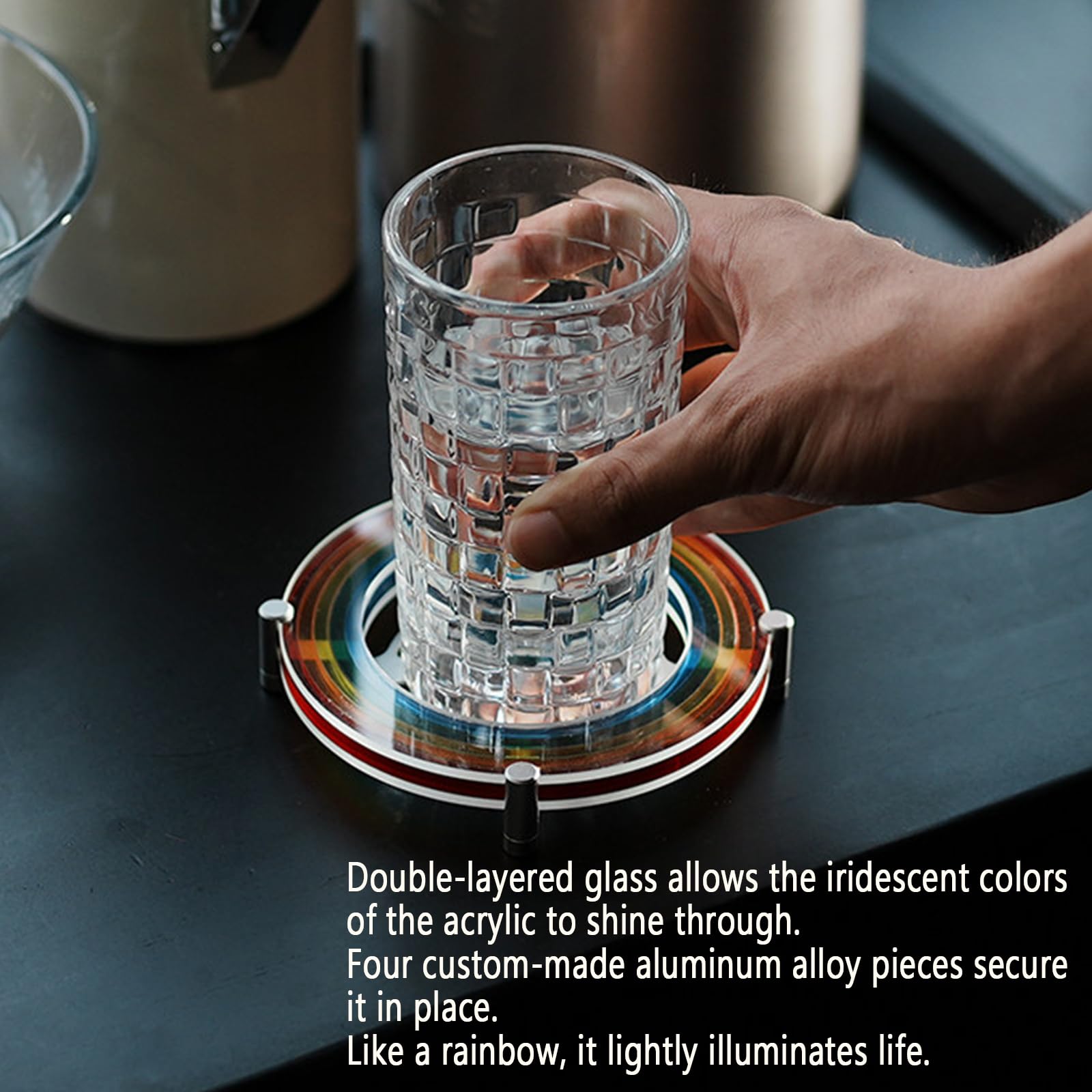 Posavasos acrílicos arcoíris para bebidas, 2 unidades con bandeja, protector de mesa a prueba de arañazos para decoración del hogar, oficina y vacaciones, perfecto para café y bebidas
