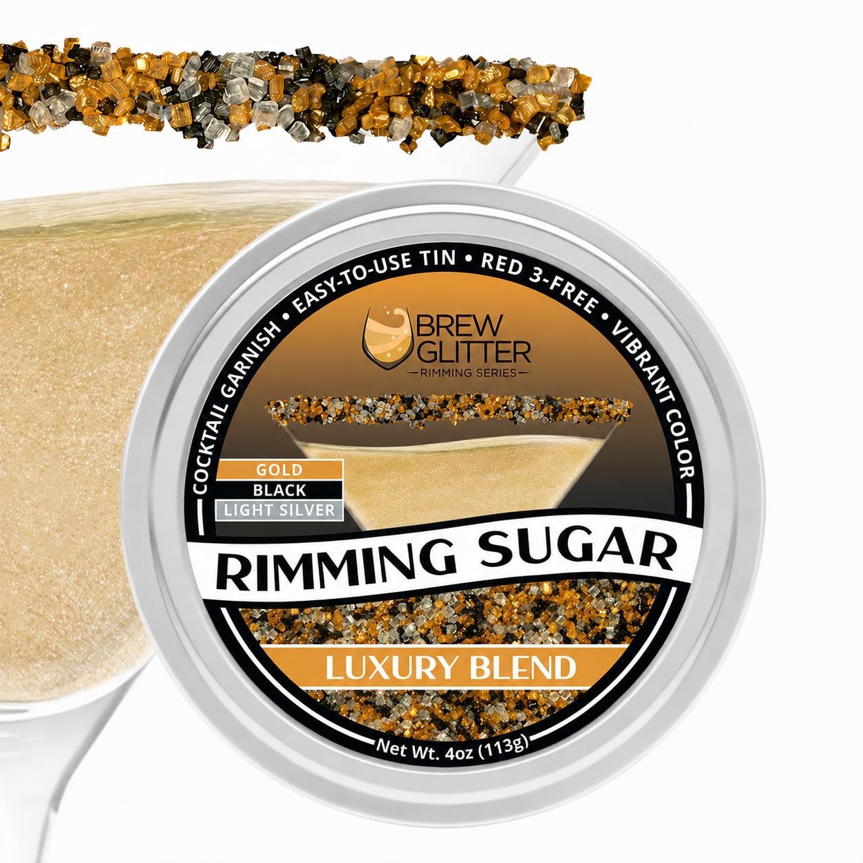Brew Glitter Luxury Gold, Light Silver & Black Rimming Sugar, Cocktail Garnish, 4oz