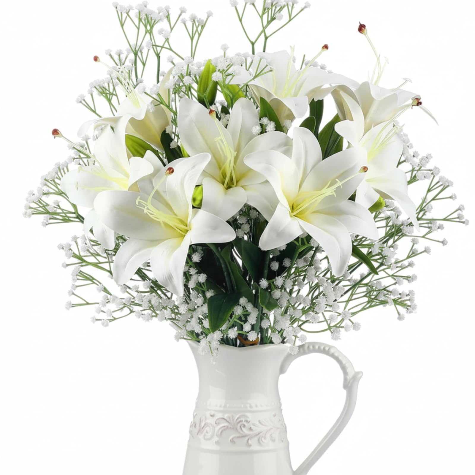 Giegxin Künstliche Osterlilien, weißes Latex, fühlt sich echt an, künstliche Tigerlilien, Blumen mit künstlichem Baby-Atem, künstliche Schleierkraut für Ostern, Frühling, Zuhause, Kirche, Hochzeit