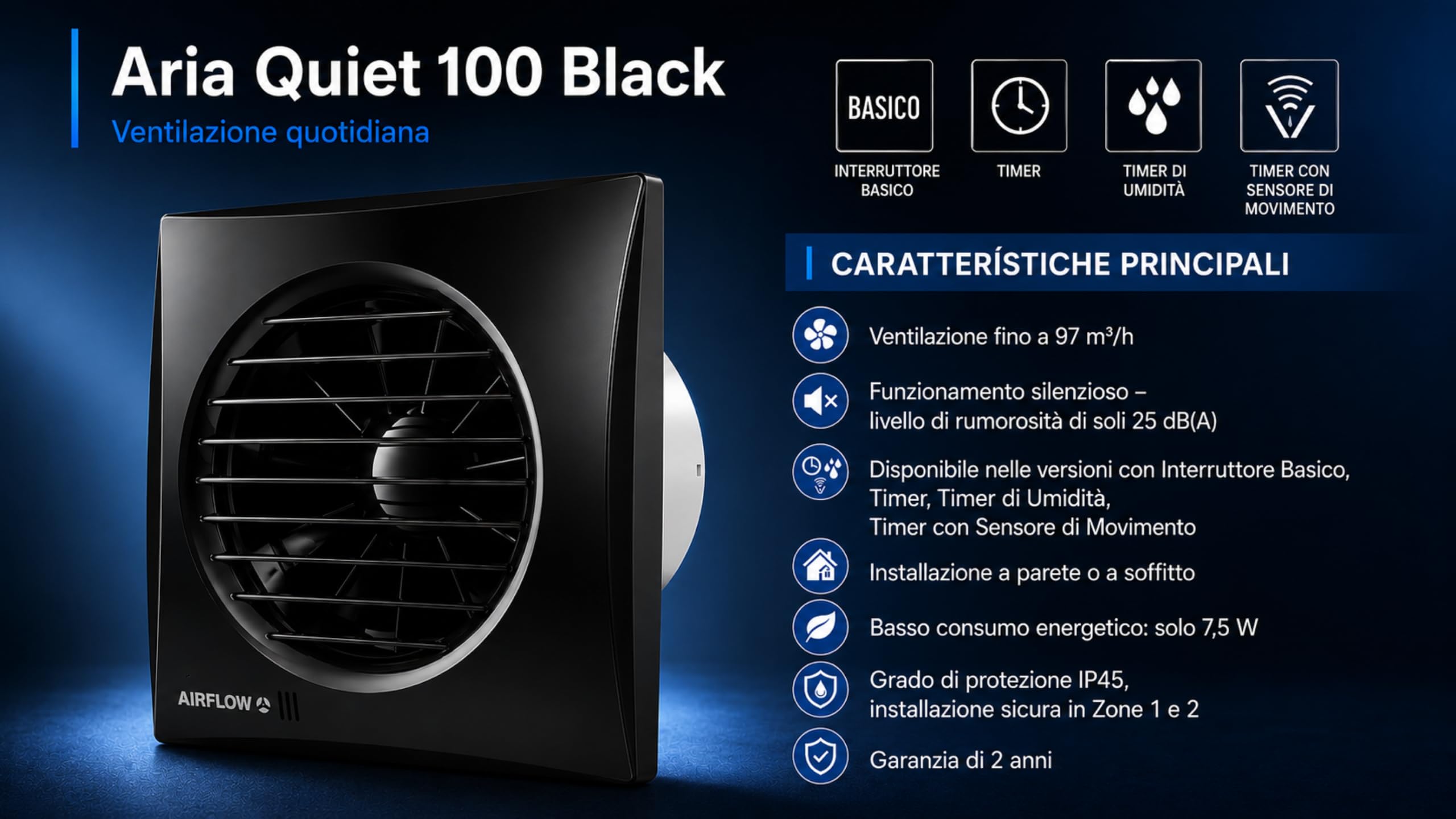 Airflow Ventilatore Aspiratore Bagno con Timer Regolabile 2–30 Minuti – Ø100 mm – 27 l/s – 7,5 W Basso Consumo – SFP 0,27 W/l/s – Aria Quiet 100 T Nero – Garanzia 2 Anni