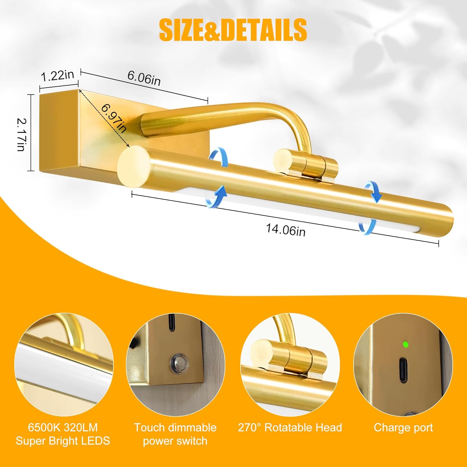 14in Picture Light,Battery Operated Picture Light,Brass,with Remote and Timer,Wall Pictures,Dimmable for Display Photo,Frame,Portrait.