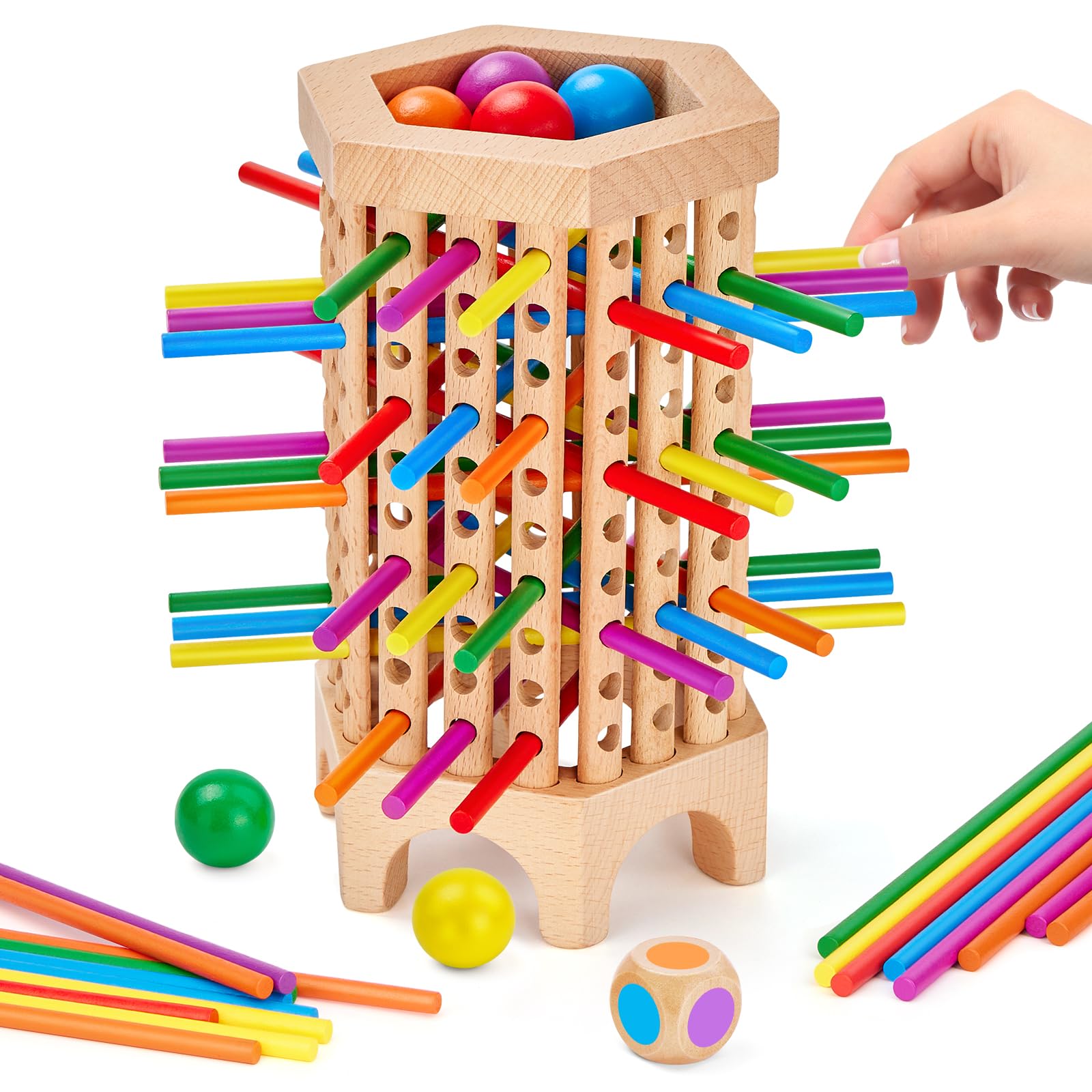 Jeu Montessori 3-en-1 En Bois - Tour Avec Bâtonnets, Dés Et Anneau - Apprentissage Couleurs, Équilibre - 3 Ans Et Plus