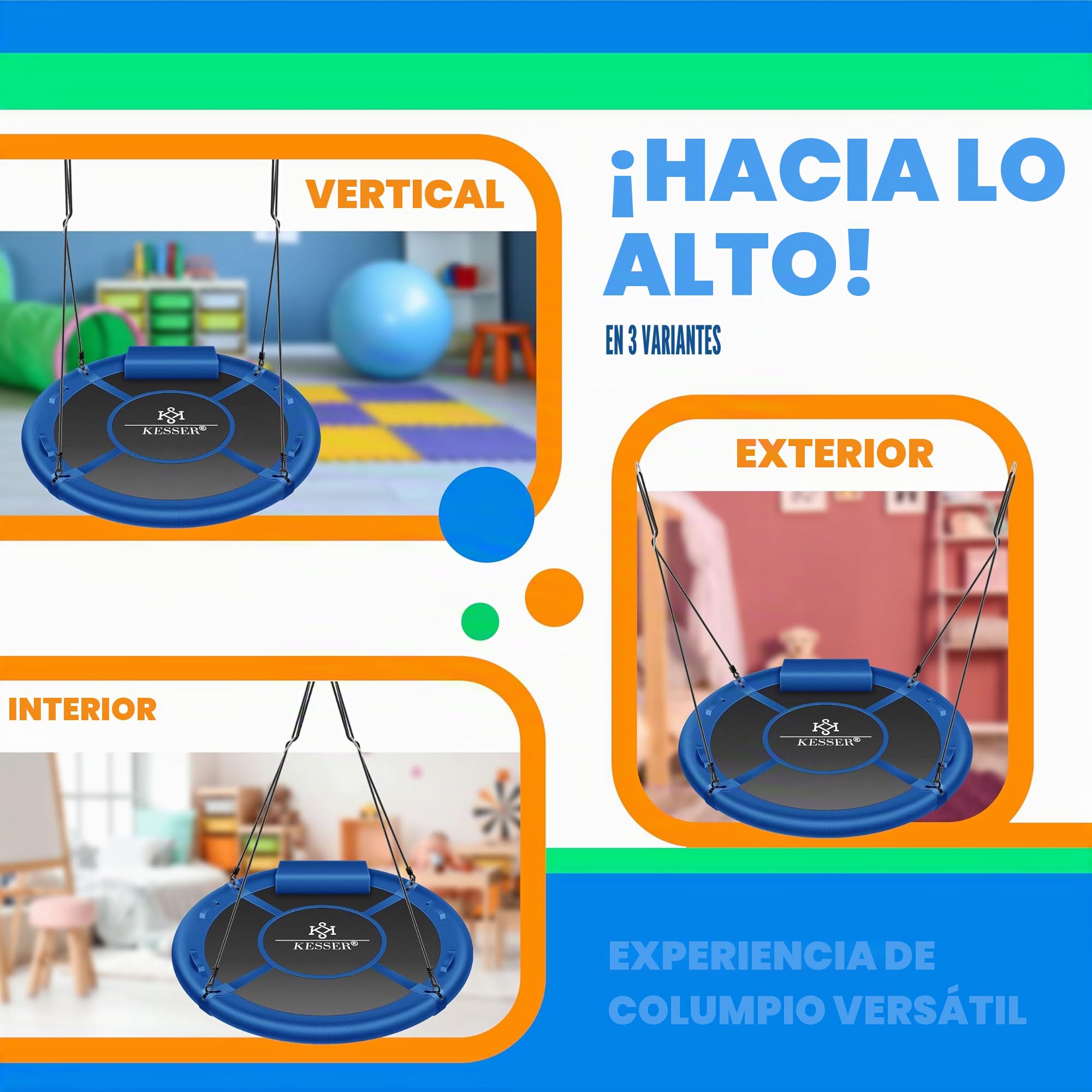 KESSER® Columpio nido de pájaro, diámetro 100 cm, carga máxima 300 kg, con cojín y 4 asas ajustables, para niños y adultos, color azul