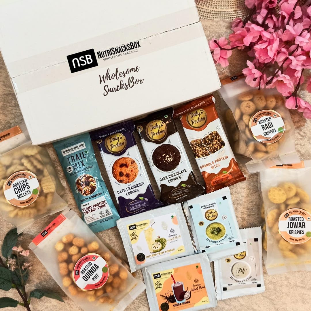 NutriSnacksBox Assorted Healthy Snacks Box with Choco & Oats cookies | Granola Bites | Quinoa & Soya puff | Roasted Millet chips & Chikpea stick | Summer instant drinks | Mushroom & Broccolii Almond soup I Combo of 12 I 520g