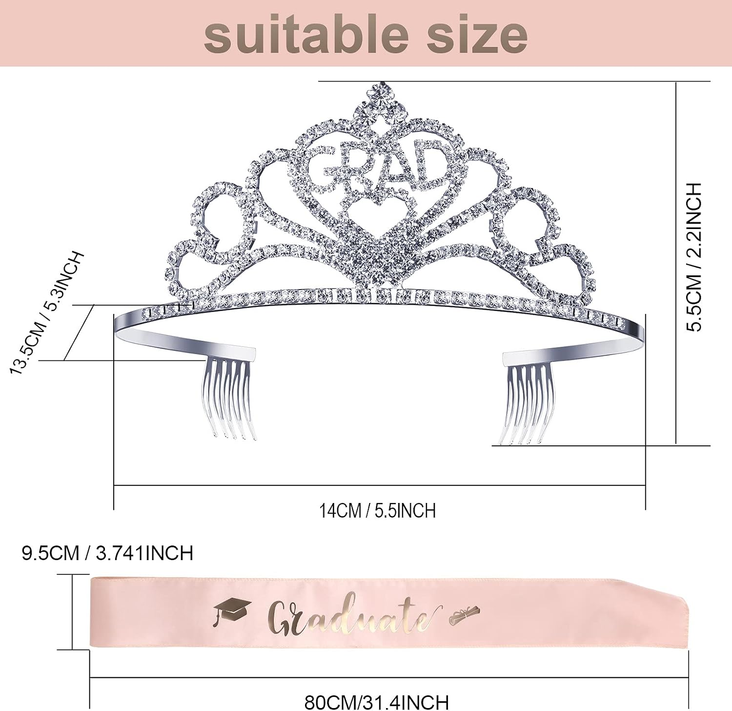 2026 Graduation Party Supplies Kits, Glittered Metal Graduation Princess Grad Crown Tiara and Graduate Sash for Graduation Party Decorations Grad Decor Favors, Pink