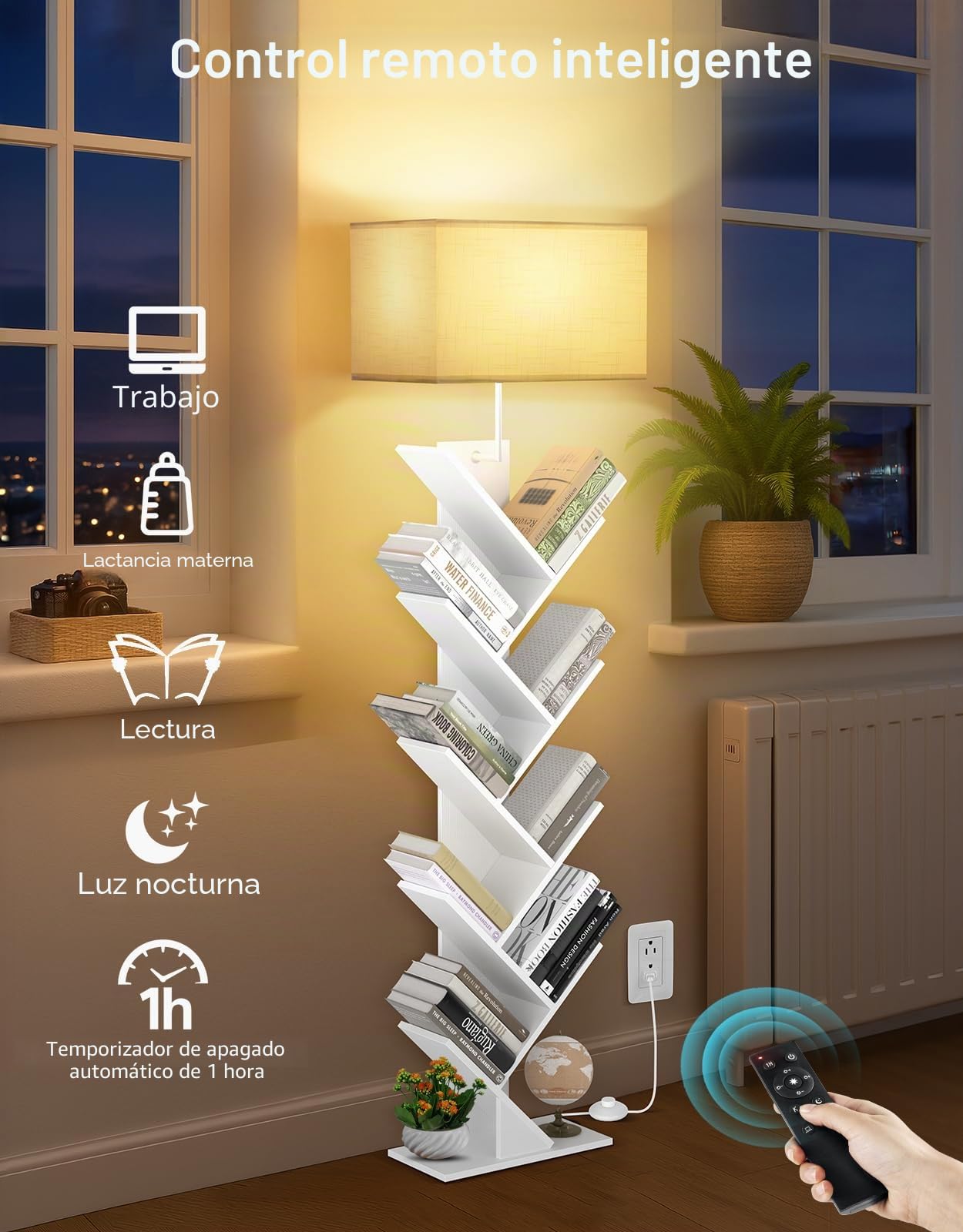 Estantería En Árbol con Luz, Estante De Esquina De 9 Niveles, con Mando A Distancia Y Temporizador, Mueble Estrecho De Madera para Libros, CDs, DVDs, Salón, Dormitorio, Oficina(Blanco)
