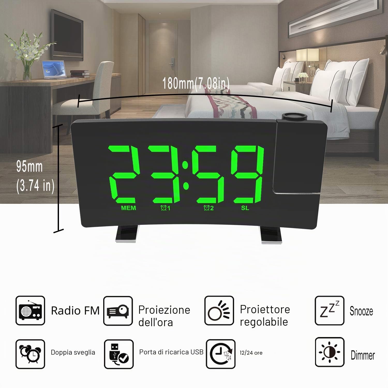 Sveglia con Proiettore Radiosveglia Sveglia Digitale da Comodino, Multifunzionale con Fm Radio 12/24H Display LED a 180°, 3 Livelli di Luminosità, 2 Allarmi e Uscita USB di Ricarica (Verde)